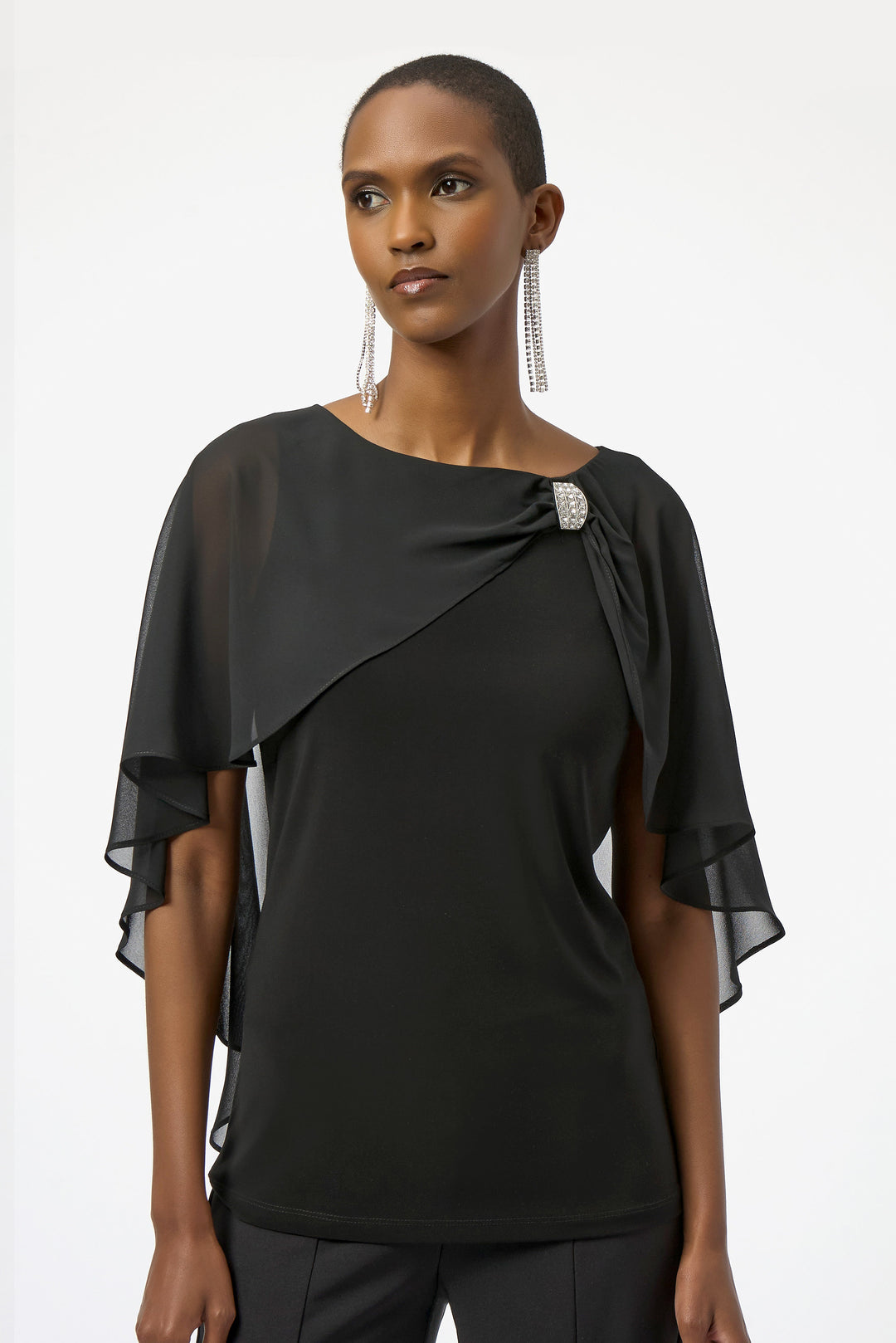 Joseph Ribkoff Black Chiffon and Silky Knit Cape Top Style 254021