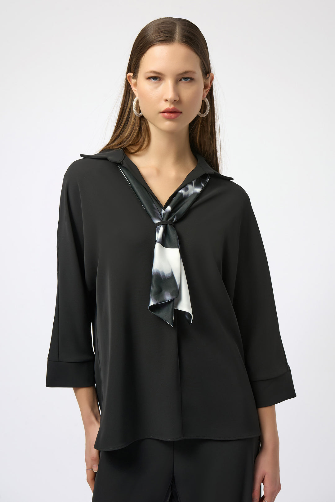 Joseph Ribkoff Black Boxy Top With Printed Satin Scarf Style 254032