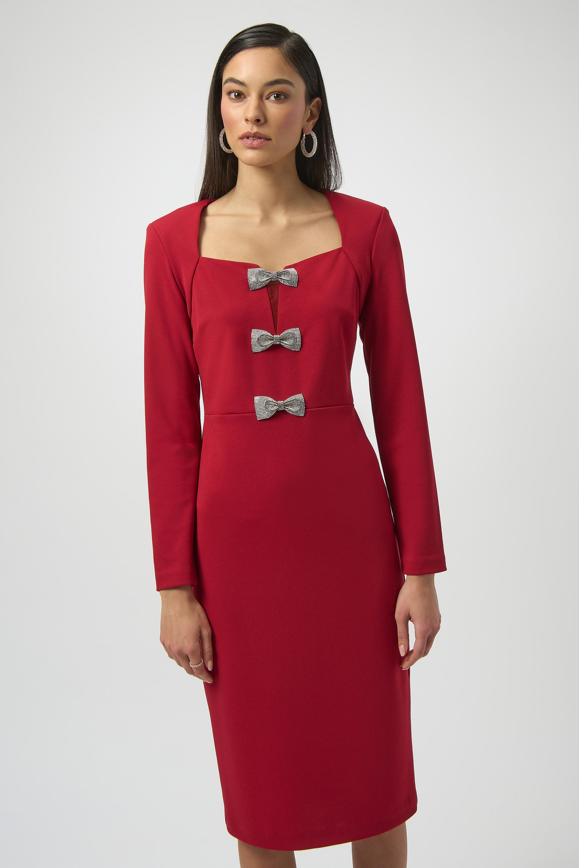 Joseph Ribkoff Sheath Dress With Rhinestone Bows Style 254053 Joseph Ribkoff Sheath Dress With Rhinestone Bows Style 254053