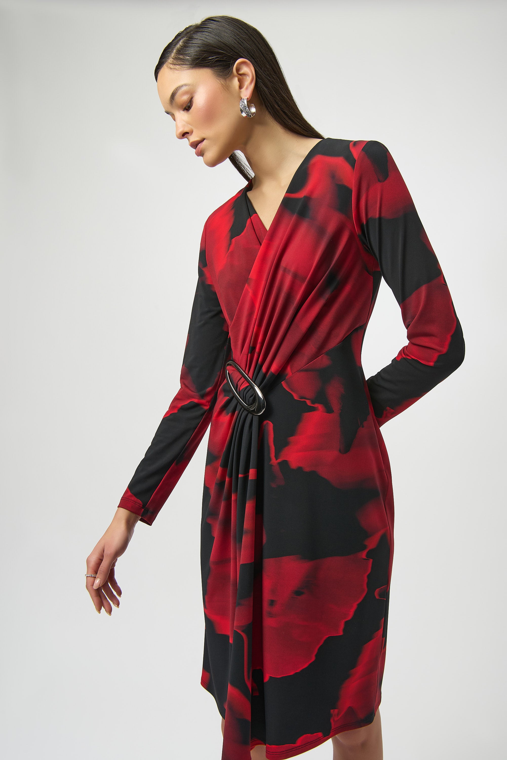 red and black wrap dress Lydia Wrap Dress in Flocked Red Rose on Black Mesh, M