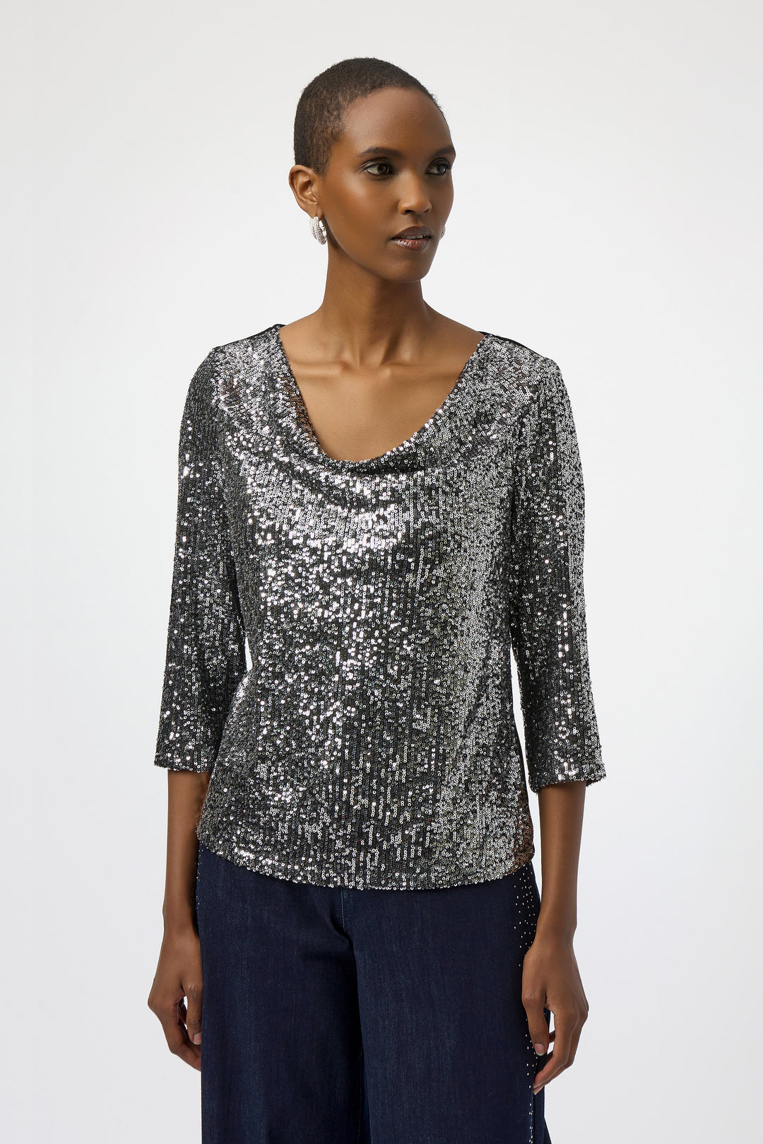 Joseph Ribkoff Sequined Knit and Silky Knit Straight Top Style 254137