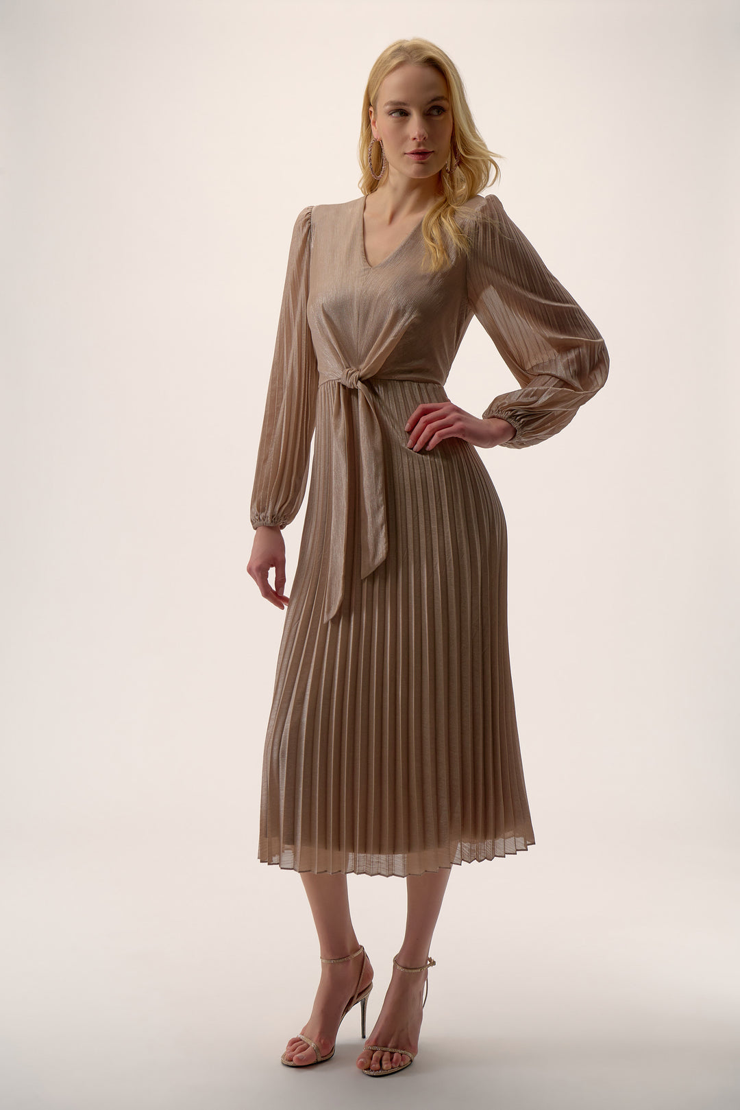Joseph Ribkoff Taupe/Silver Fit and Flare Pleated Dress Style 254728 Joseph Ribkoff Taupe/Silver Fit and Flare Pleated Dress Style 254728