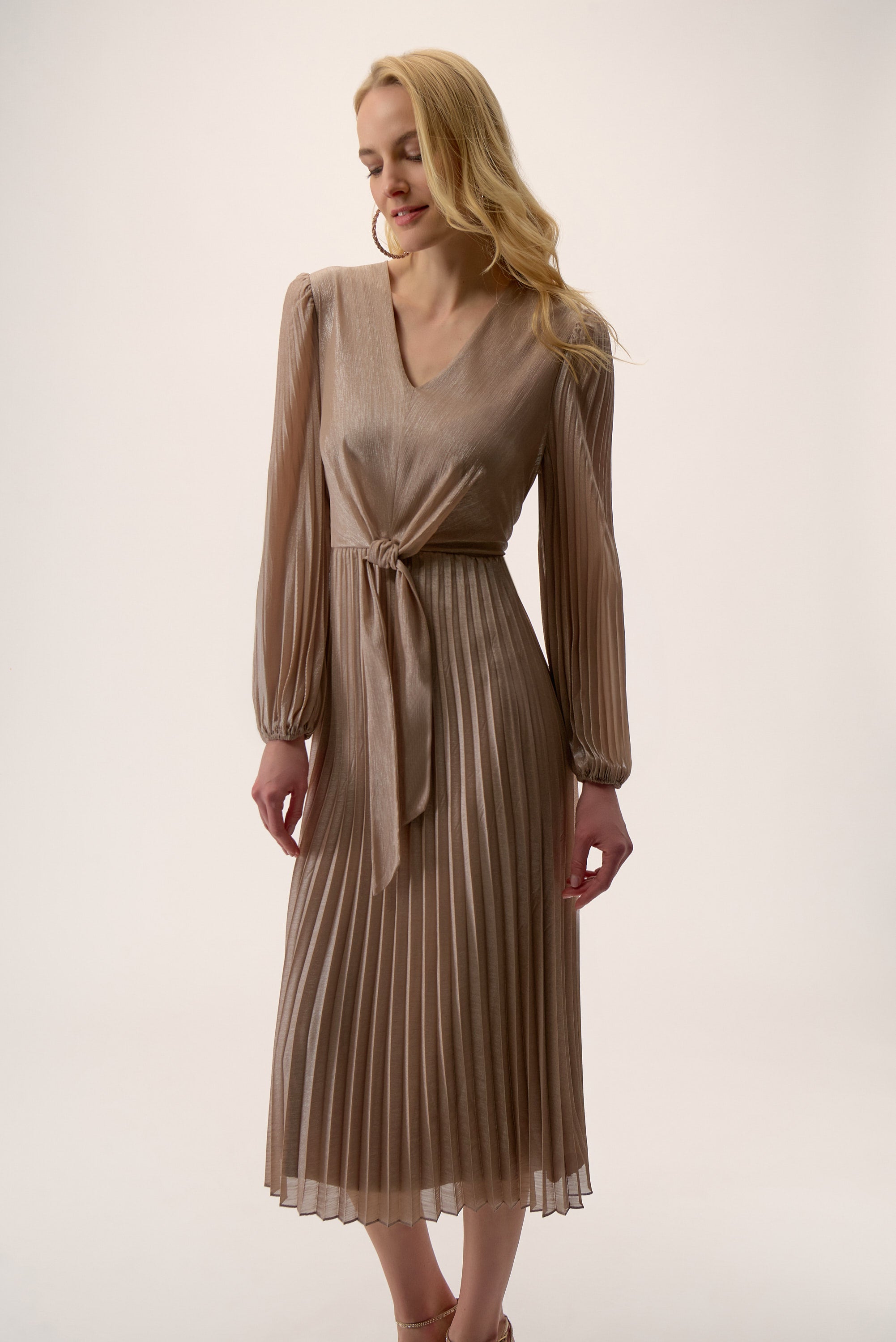 Joseph Ribkoff Taupe/Silver Fit and Flare Pleated Dress Style 254728 Joseph Ribkoff Taupe/Silver Fit and Flare Pleated Dress Style 254728