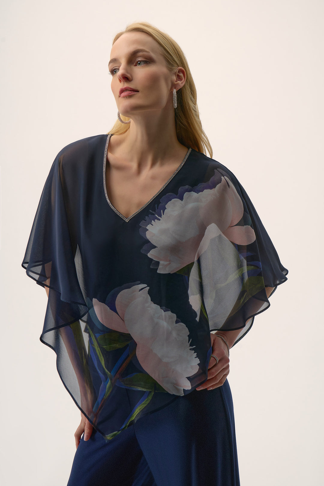 Joseph Ribkoff Chiffon & Silky Knit Floral Print Poncho Top Style 254731