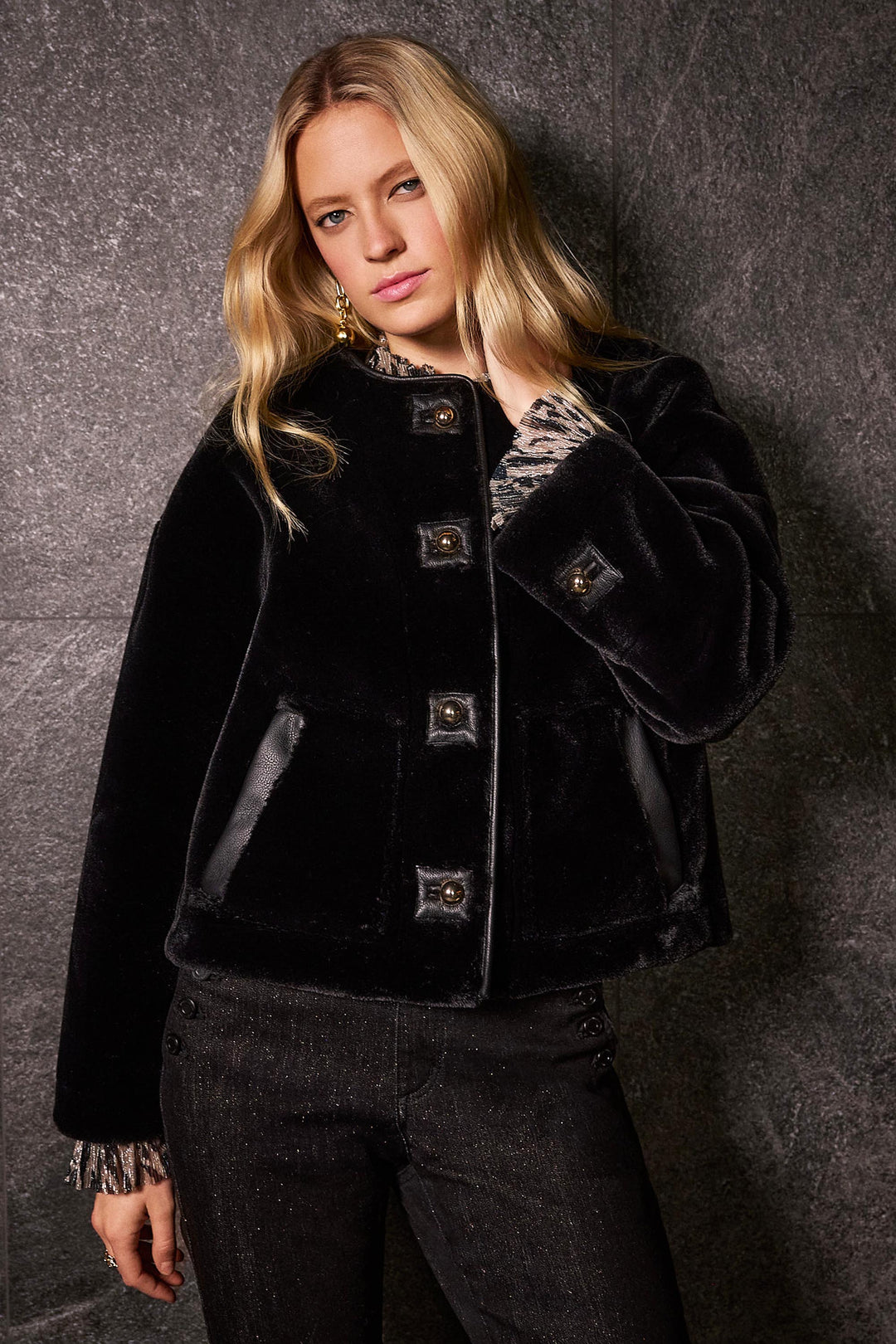 Joseph Ribkoff Black Faux Fur Boxy Jacket Style 254909