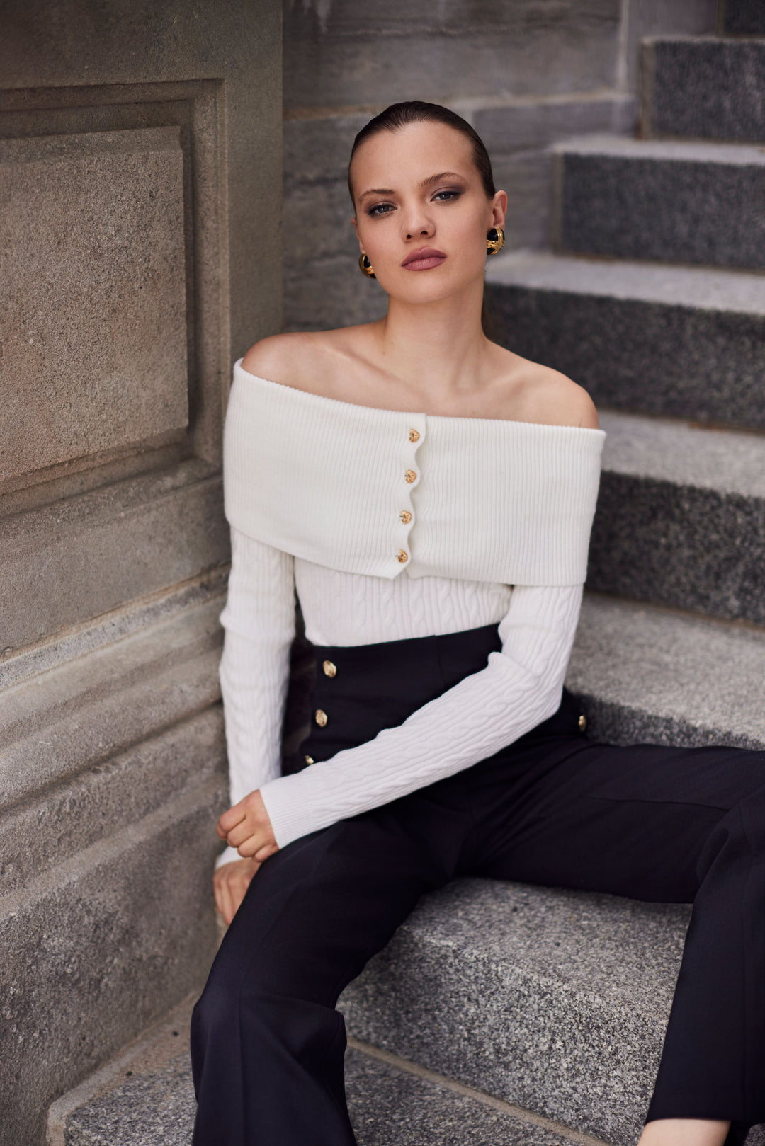 Frank Lyman Cable Knit Off-Shoulder Sweater Style 254914