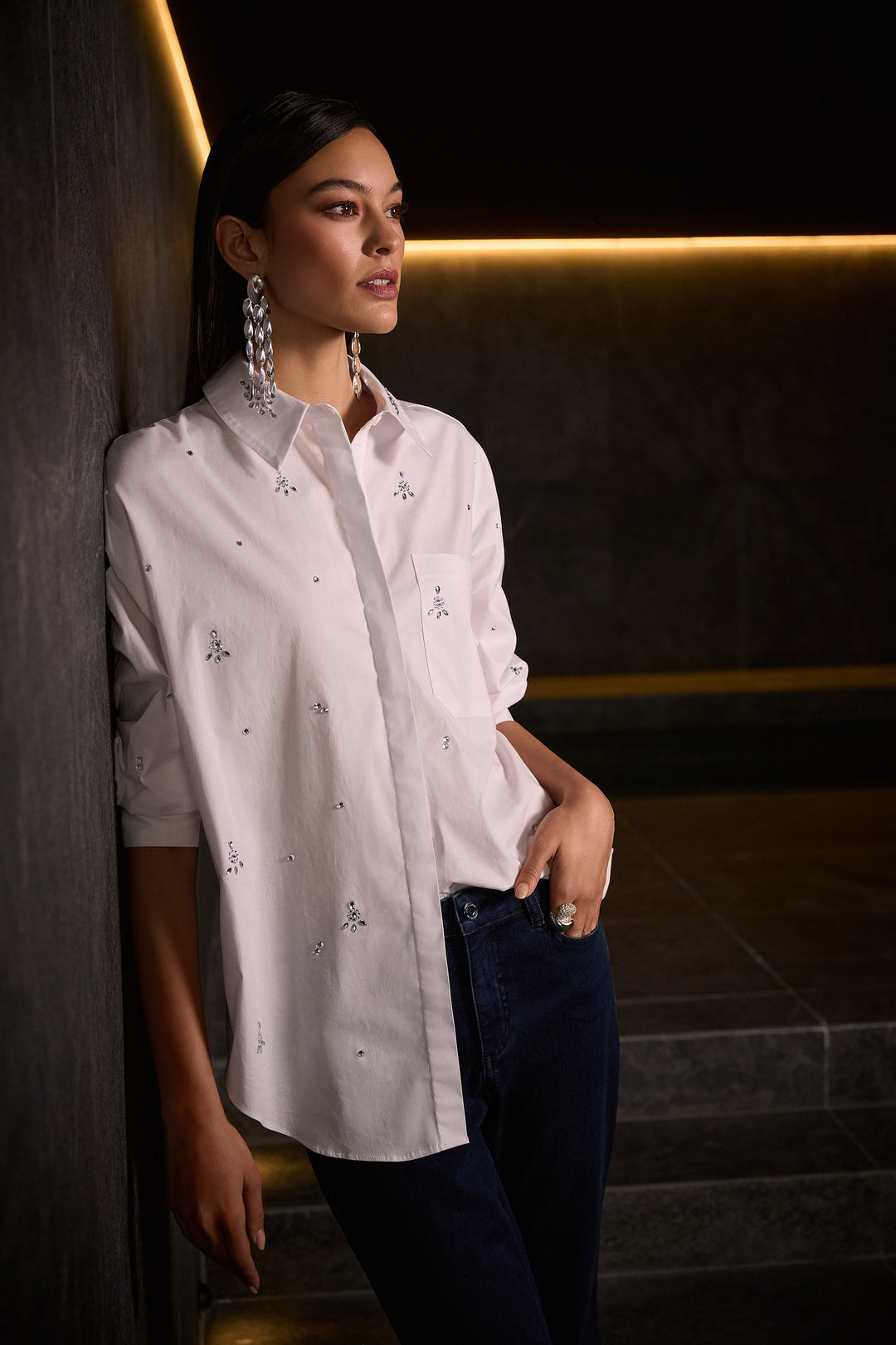 Joseph Ribkoff White Boxy Blouse with Rhinestones Style 254924