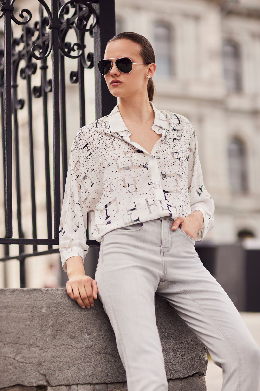 Frank Lyman Chic Letter Print Buttoned Blouse Style 254995