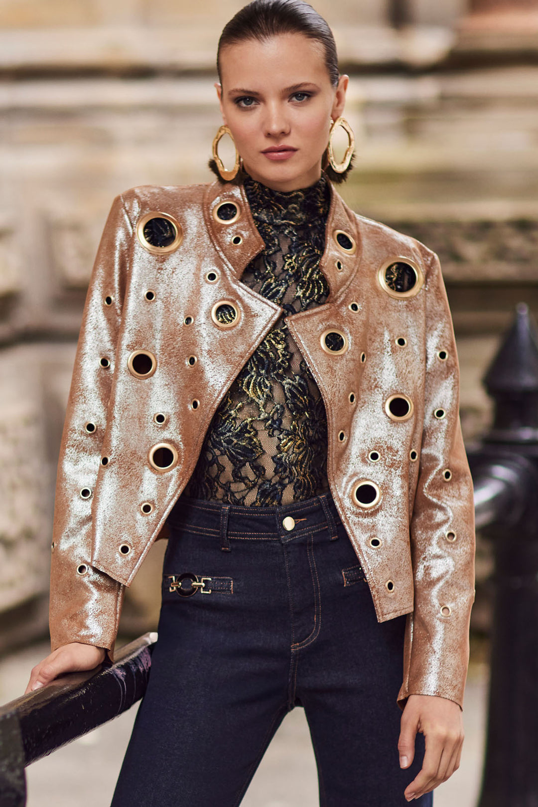 Frank Lyman Foil Print Collared Long-sleeve Jacket Style 254997