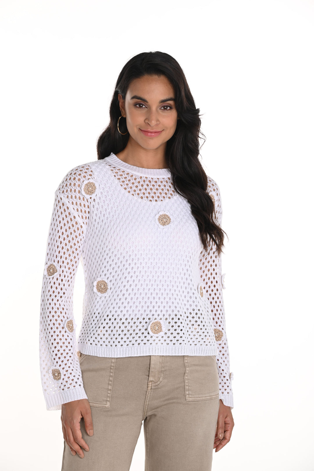 Frank Lyman White Embellished Crew Neck Top Style 256746U