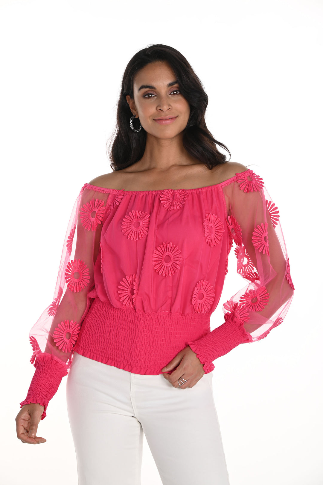 Frank Lyman Fuchsia Off-The-Shoulder Floral Top Style 256764U