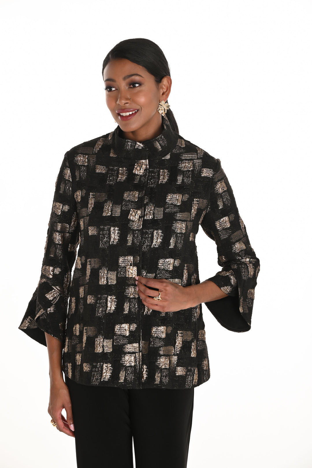 Frank Lyman Black/Gold 3/4 Sleeve Bell Sleeves Jacket Style 259225