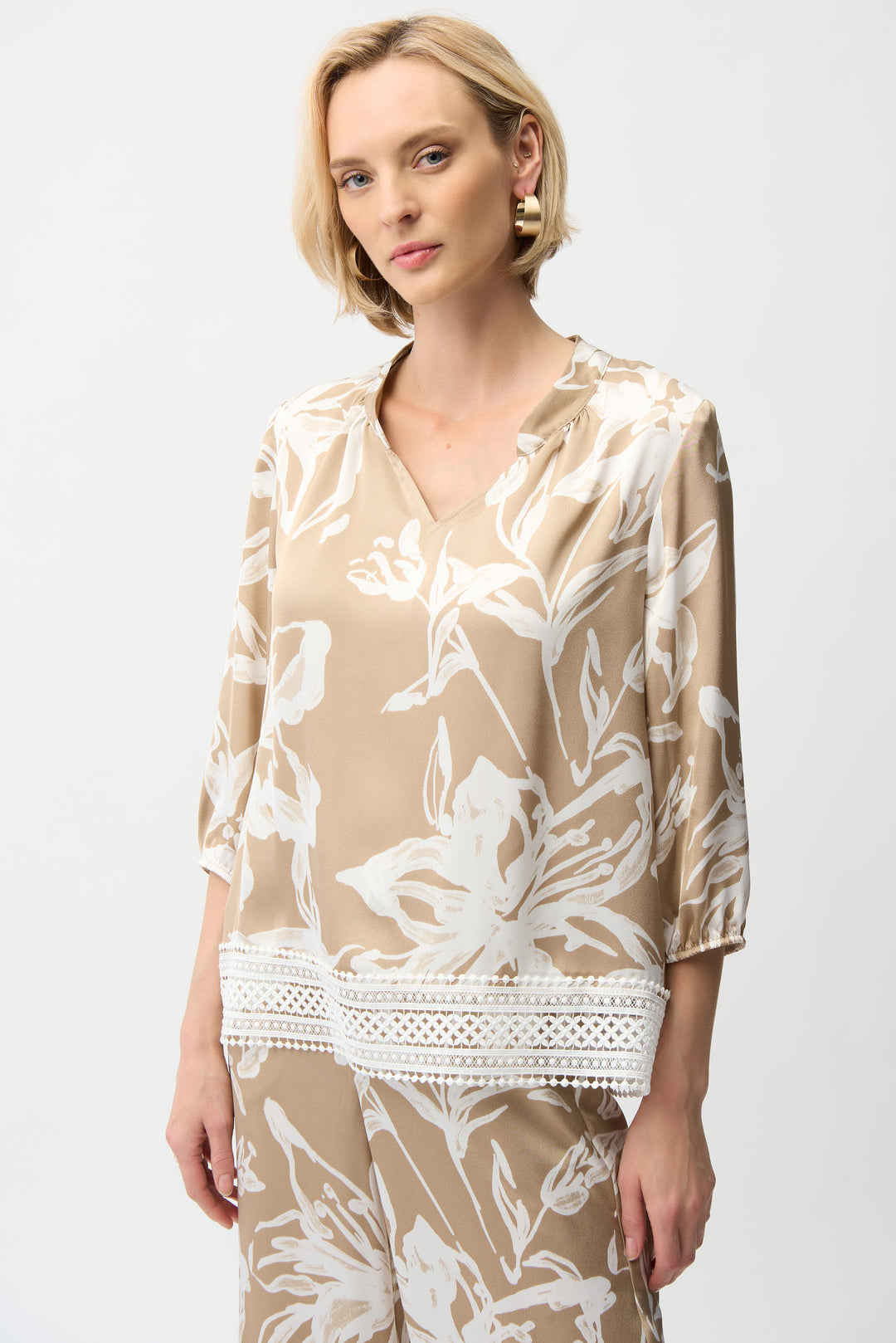 Joseph Ribkoff Satin Floral Print Straight Top With Mandarin Collar Style 261031.