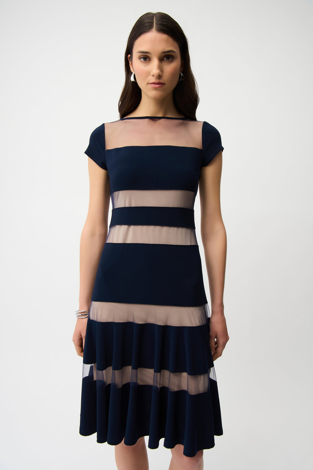Joseph Ribkoff Fit and Flare Dress With Mesh Inserts Style 261050 Joseph Ribkoff Fit and Flare Dress With Mesh Inserts Style 261050