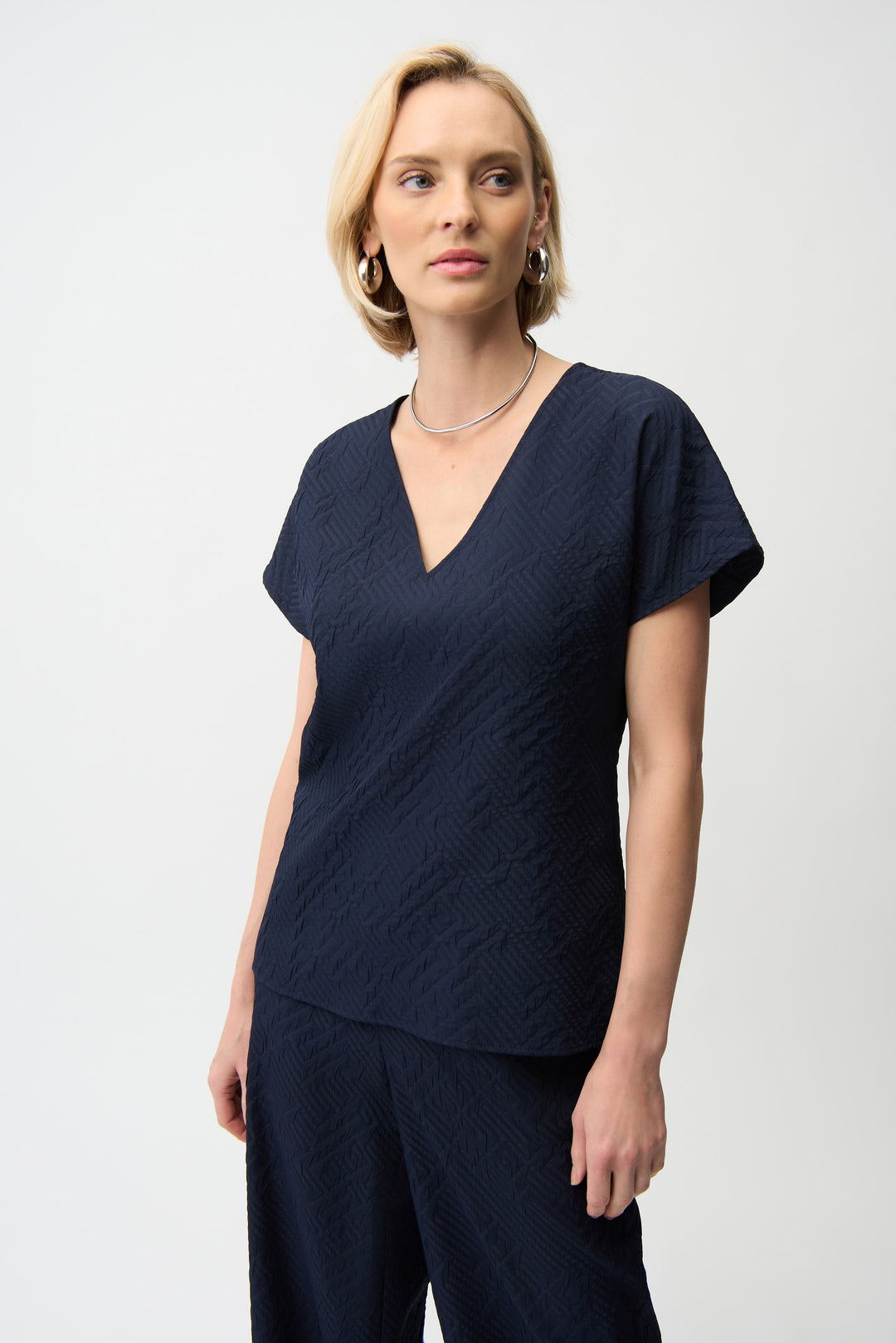 Joseph Ribkoff Geometric Textured Jacquard Top With V-neckline Style 261055.