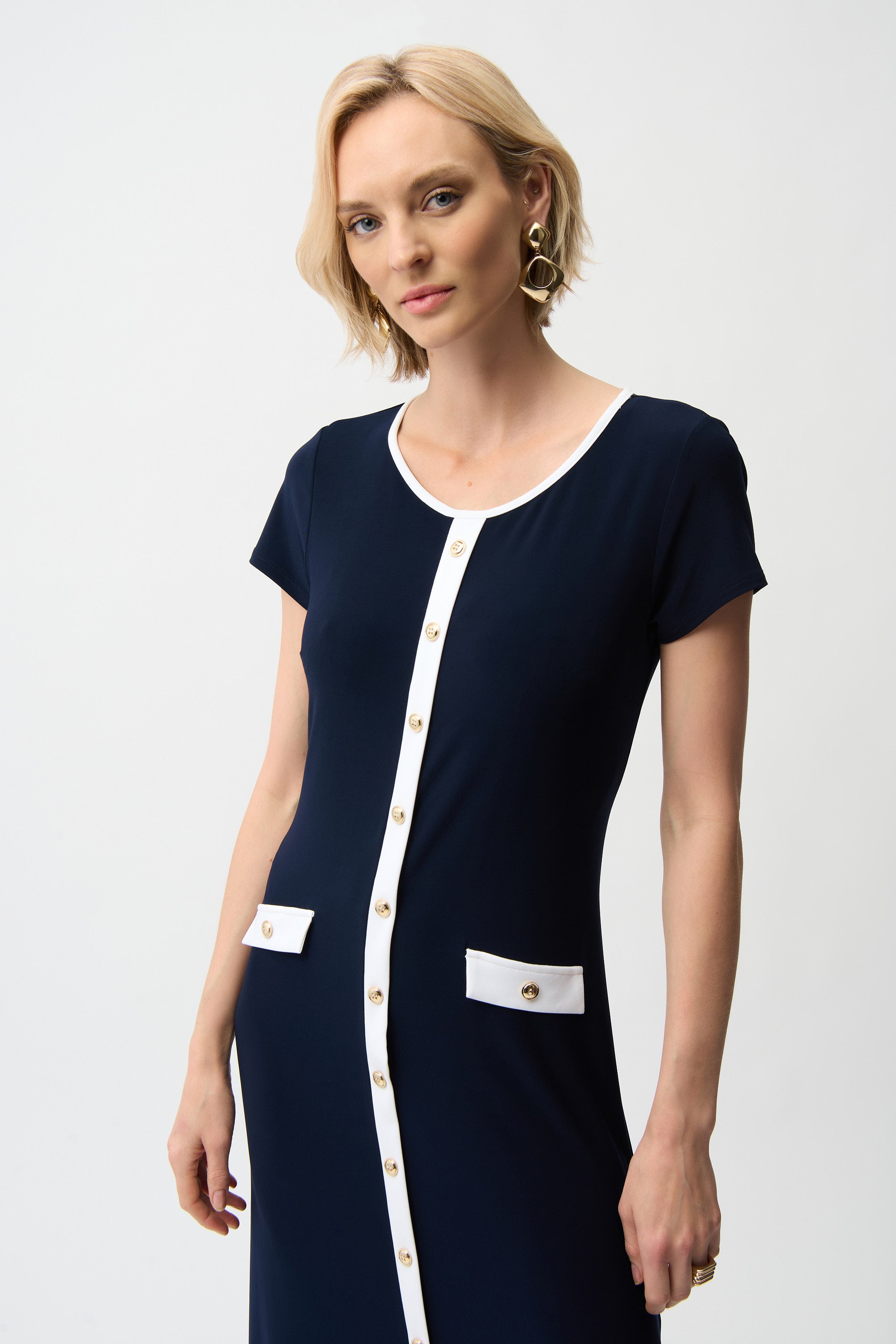 Joseph Ribkoff Color Block A-Line Midi Dress Style 261067 Midnight Blue/Vanilla / 6 Joseph Ribkoff Color Block A-Line Midi Dress Style 261067 Midnight Blue/Vanilla / 6