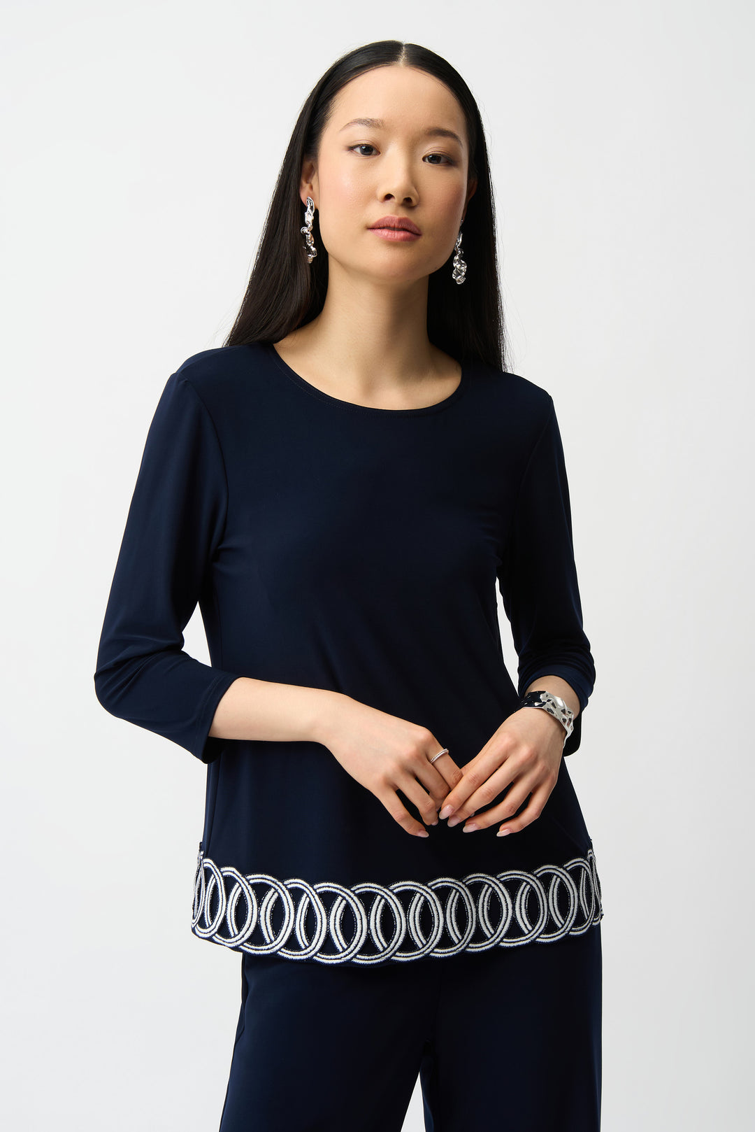 Joseph Ribkoff Silky Knit Fitted Top With Guipure Hem Detail Style 261069