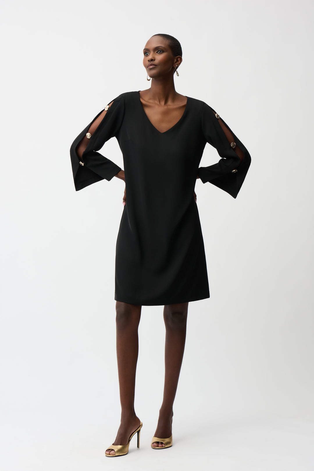 Joseph Ribkoff Trapeze Dress With Gold Trimmed Slit Sleeves Style 261085 Black / 12 Joseph Ribkoff Trapeze Dress With Gold Trimmed Slit Sleeves Style 261085 Black / 12