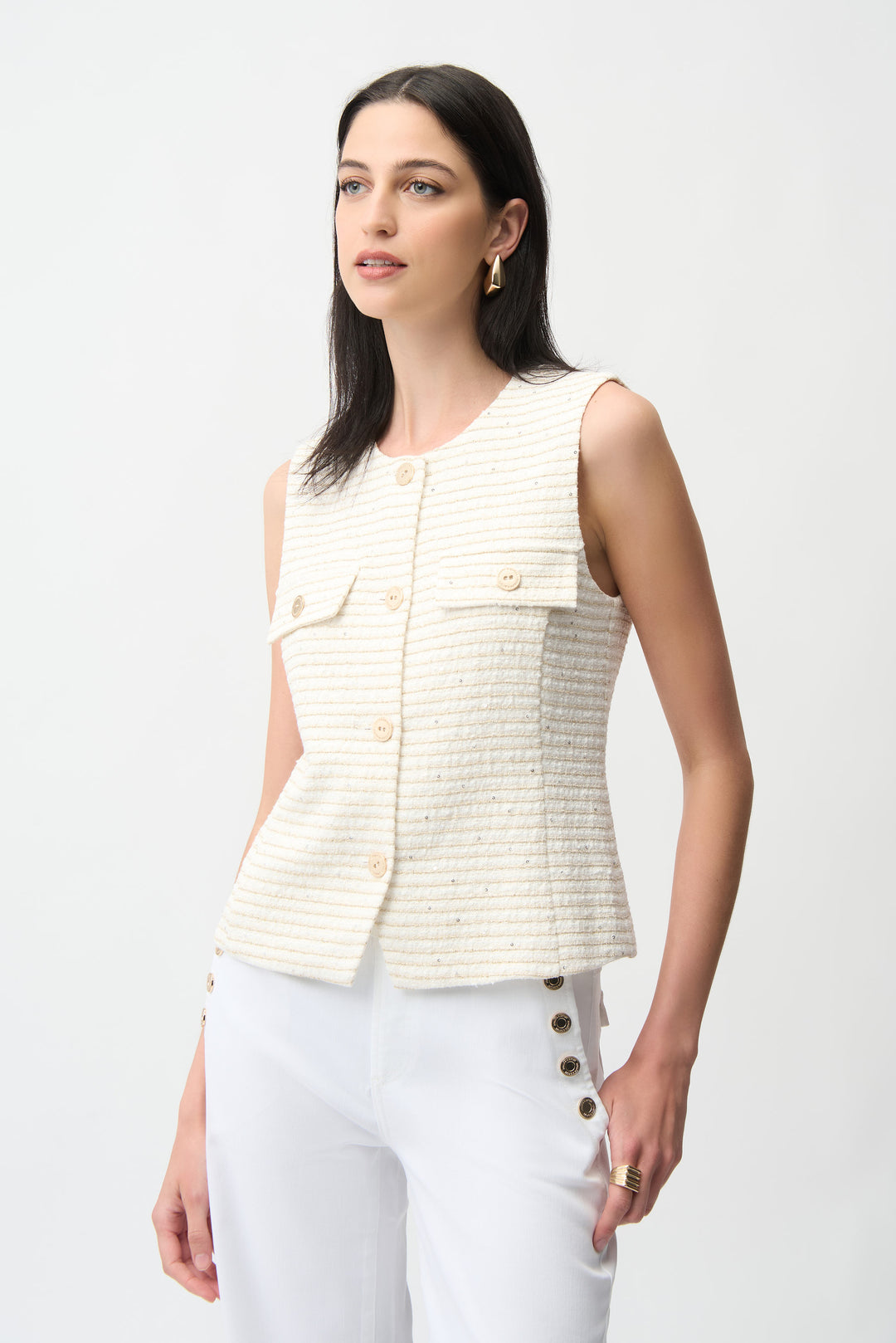 Joseph Ribkoff Bouclé Fitted Vest With Gold Buttons Style 261113.
