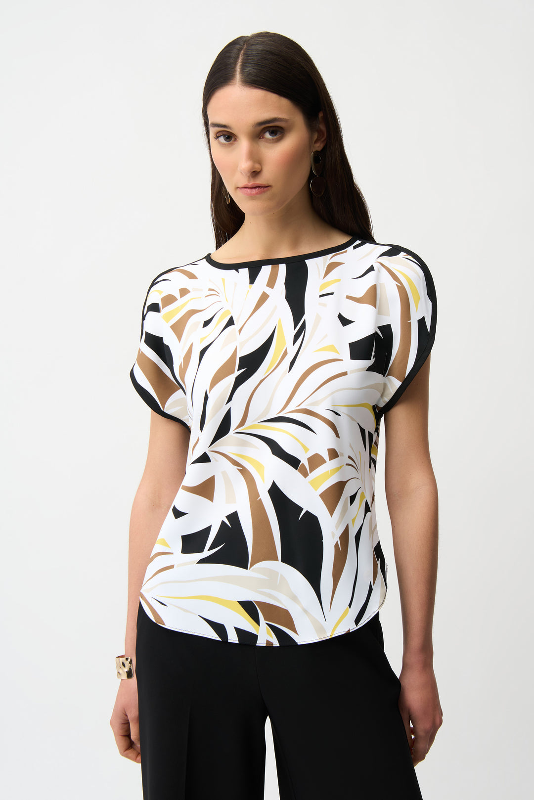 Joseph Ribkoff Recycled Woven Tropîcal Print Boxy Top Style 261162 .