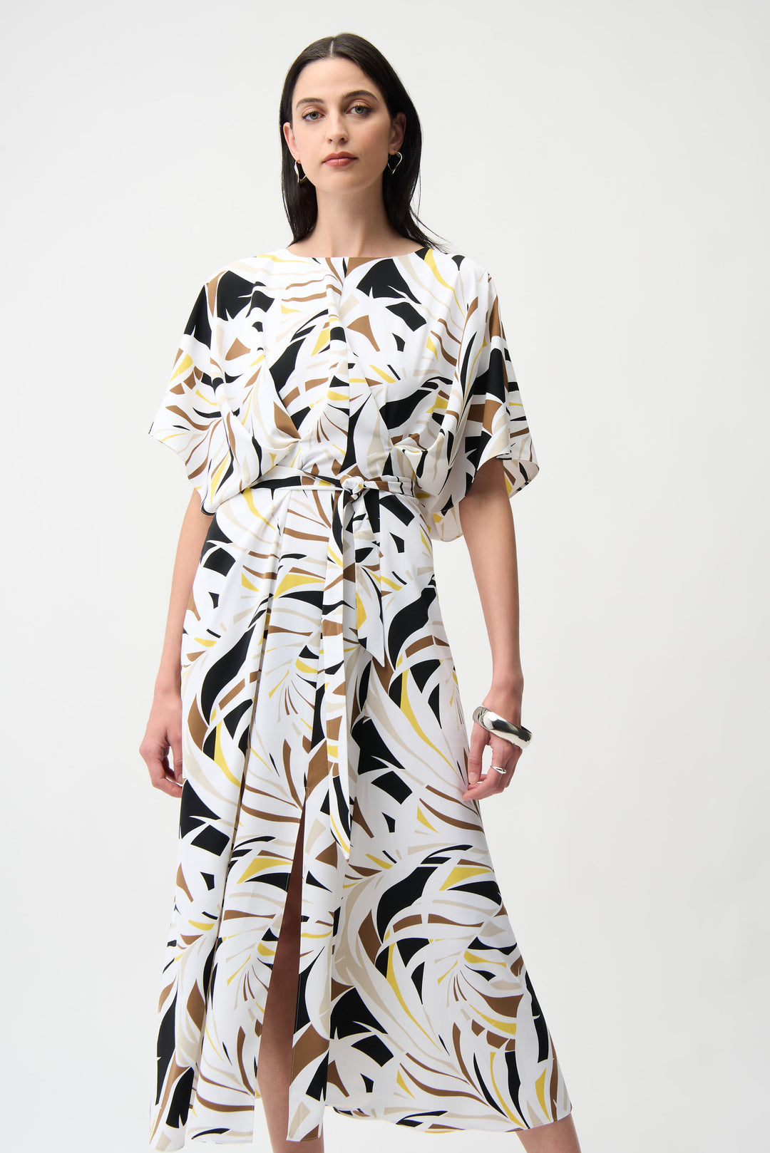 Joseph Ribkoff Woven Tropical Print Trapeze Dress With Sash Style 261168.