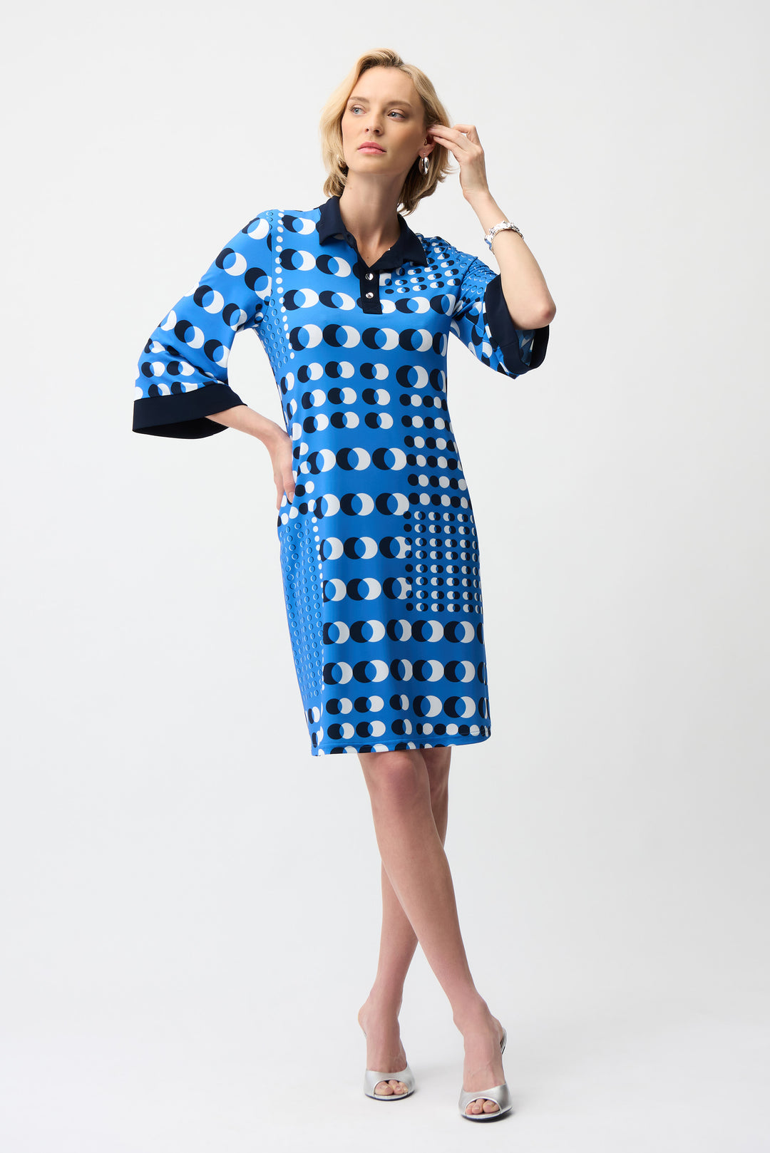 Joseph Ribkoff Dot Print Shirt Dress With Contract Collar & Cuffs Style 261179