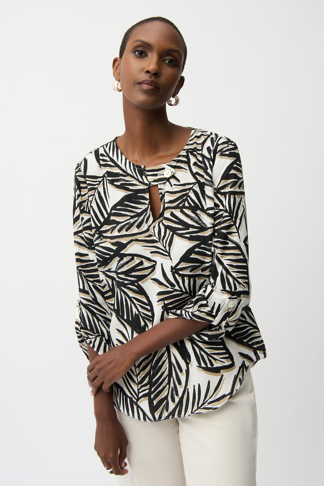 Joseph Ribkoff Georgette Tropical Print Boxy Top With Front Keyhole Style 261207.