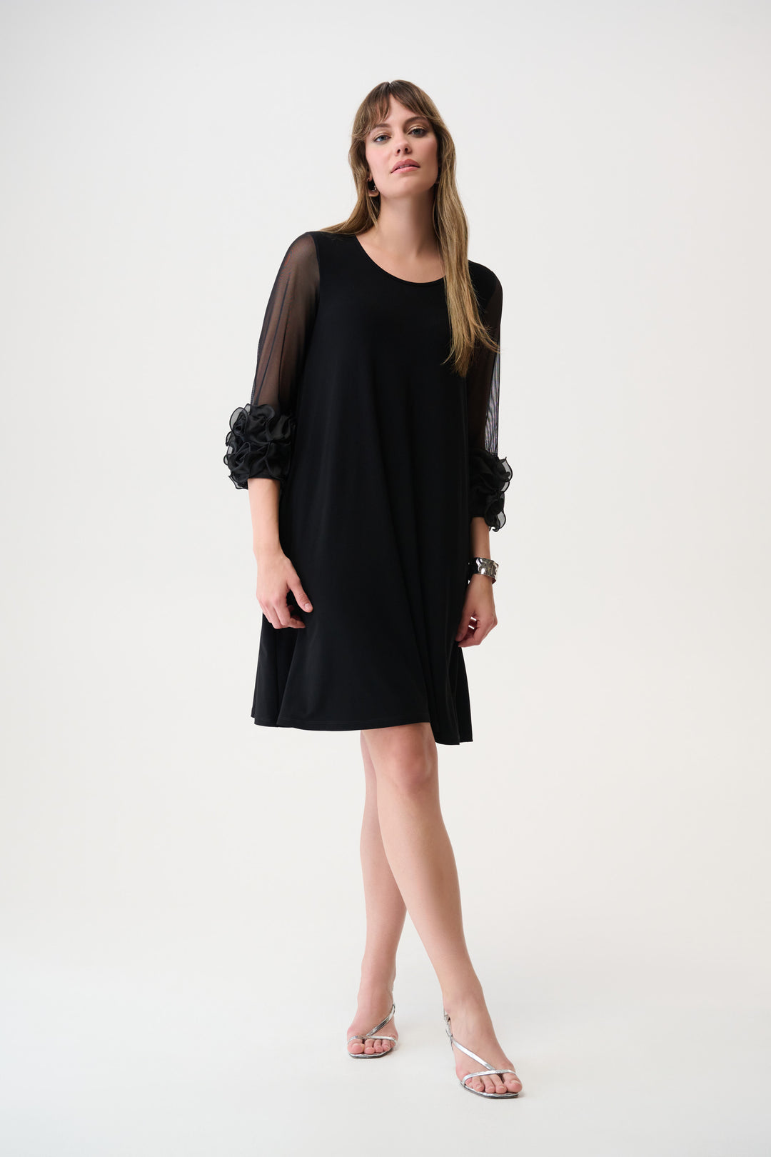Joseph Ribkoff Silky Knit and Mesh A-Line Dress With Ruffled Trim Style 261212.