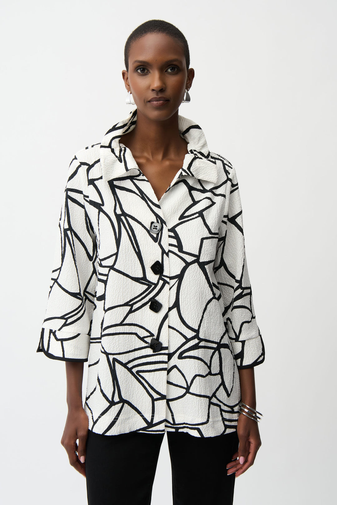 Joseph Ribkoff Seersucker Abstract Print Trapeze Jacket With Contrast Button Style 261239.