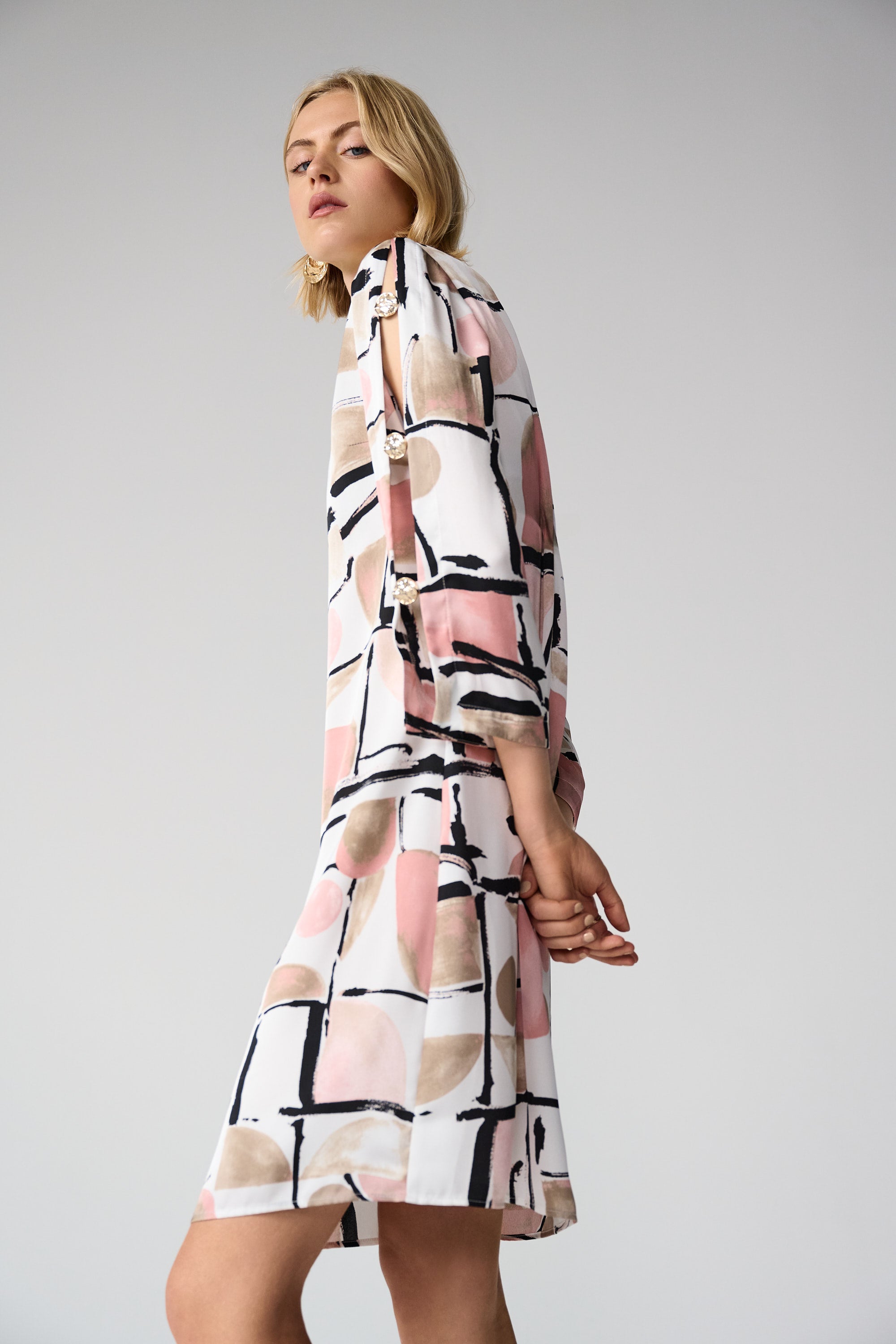 Joseph Ribkoff Trapeze Dress With Gold Detail Style 261258 Vanilla/Multi / 10 Joseph Ribkoff Trapeze Dress With Gold Detail Style 261258 Vanilla/Multi / 10