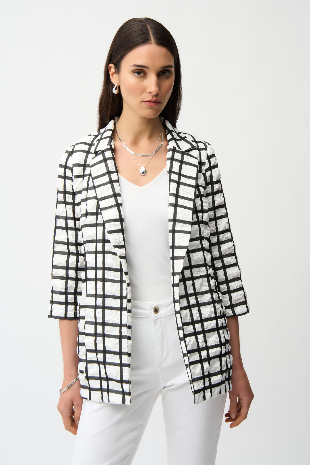 Joseph Ribkoff Jacquard Plaid Print Boxy Blazer With Notched Collar Style 261268.