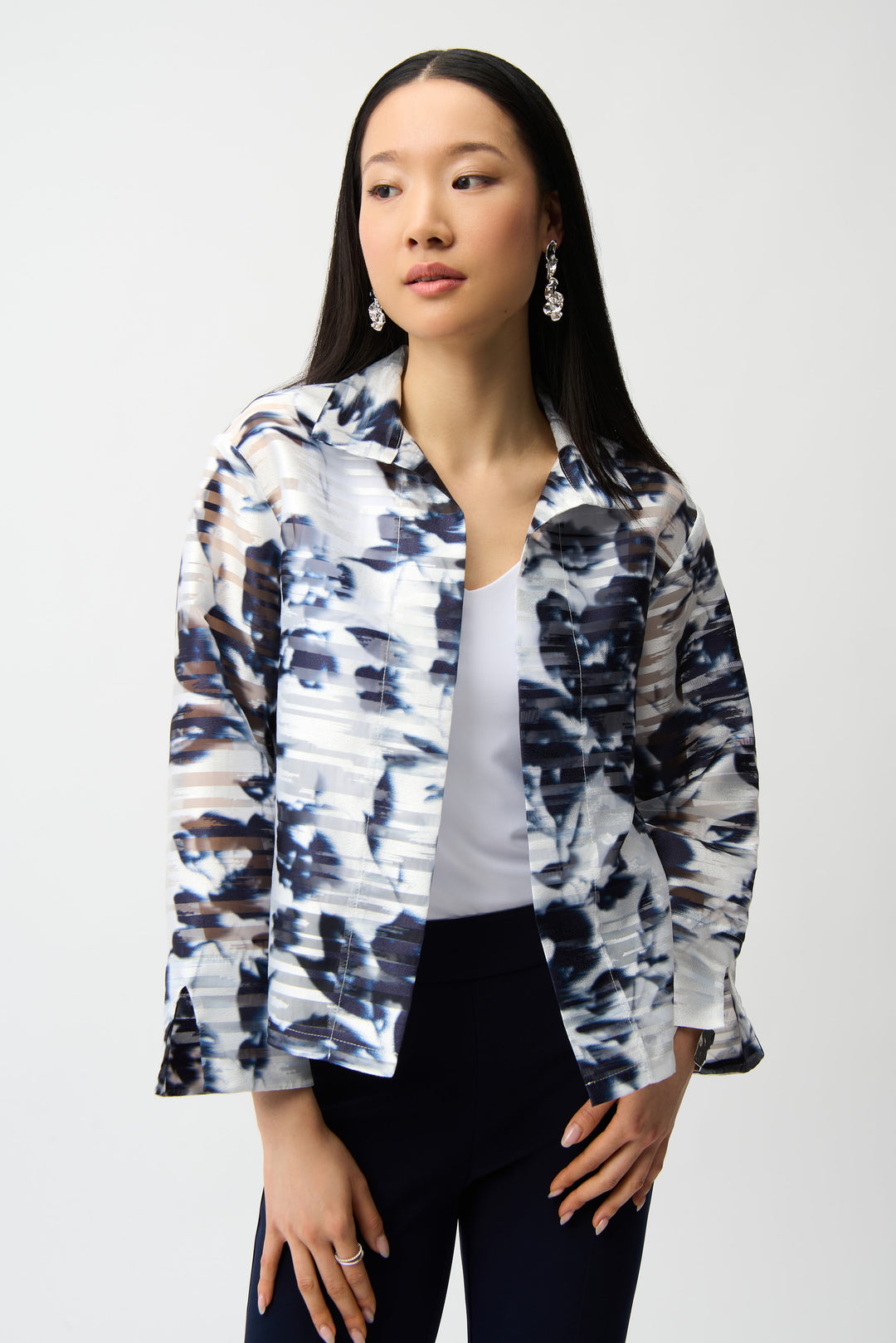 Joseph Ribkoff Jacquard Organza Floral Print Trapeze Jacket With Stand Collar Style 261291