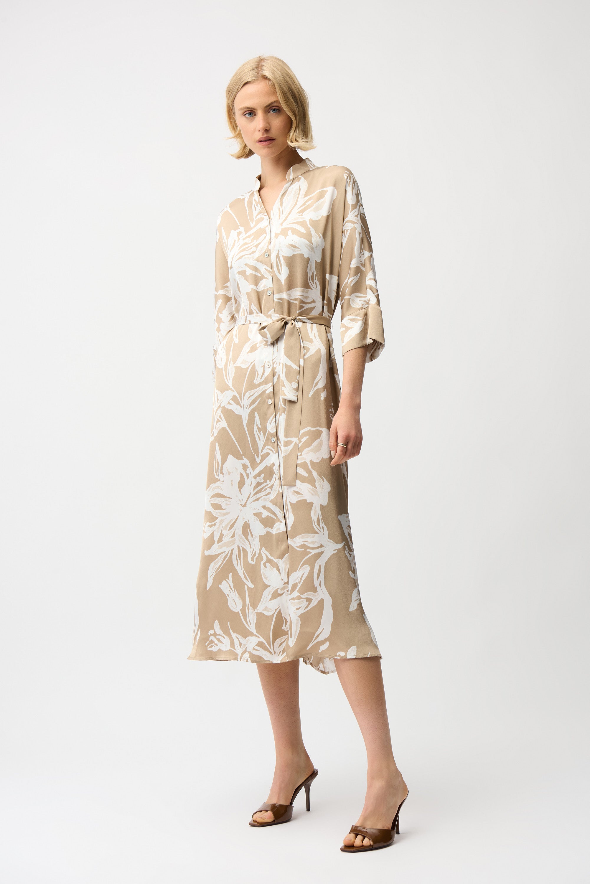Joseph Ribkoff Satin Floral Print Trapeze Shirt Dress With Sash Style 261296 Joseph Ribkoff Satin Floral Print Trapeze Shirt Dress With Sash Style 261296