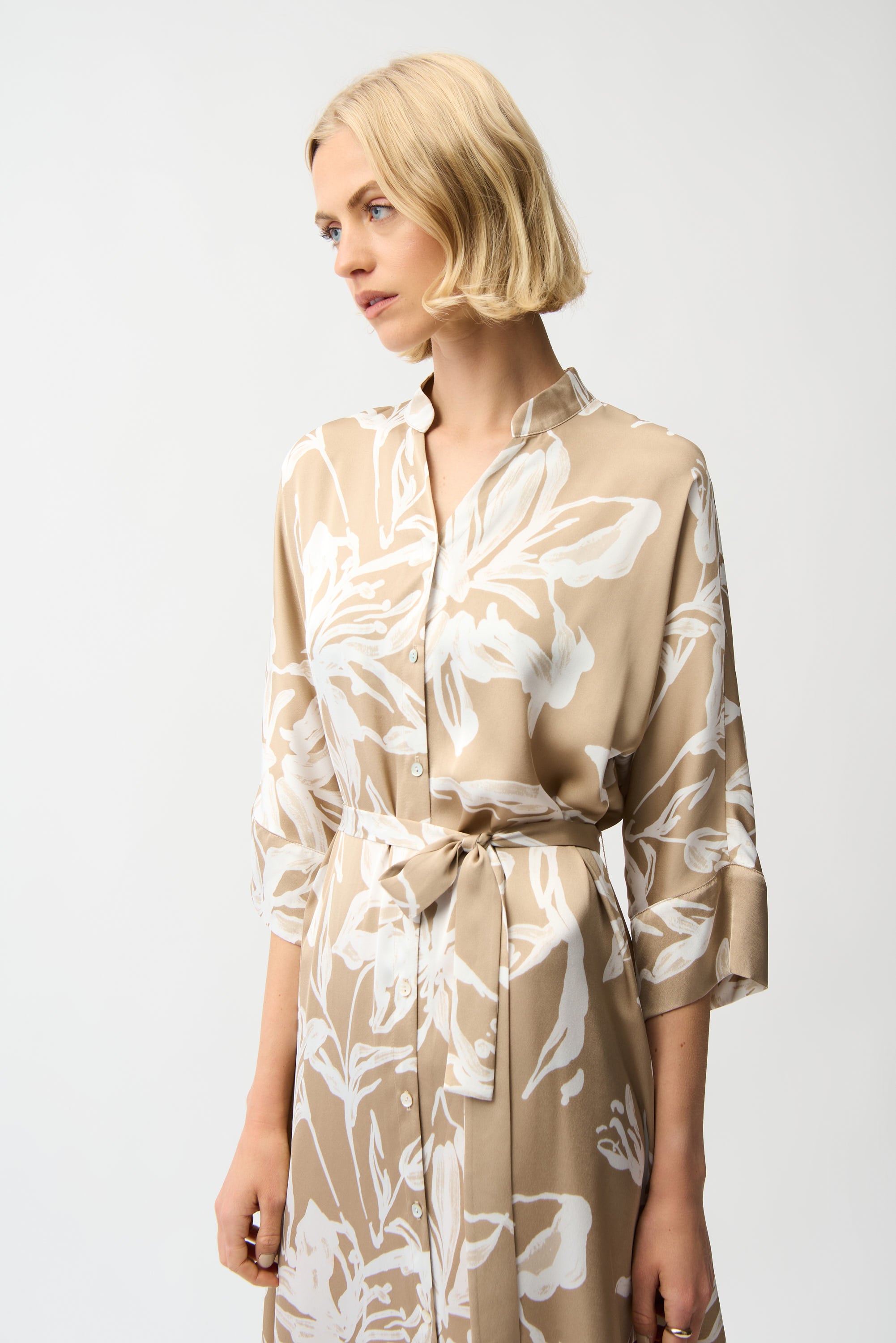 satin floral shirt dress Floral Satin Shirtdress: Button Front, 3/4 Sleeves