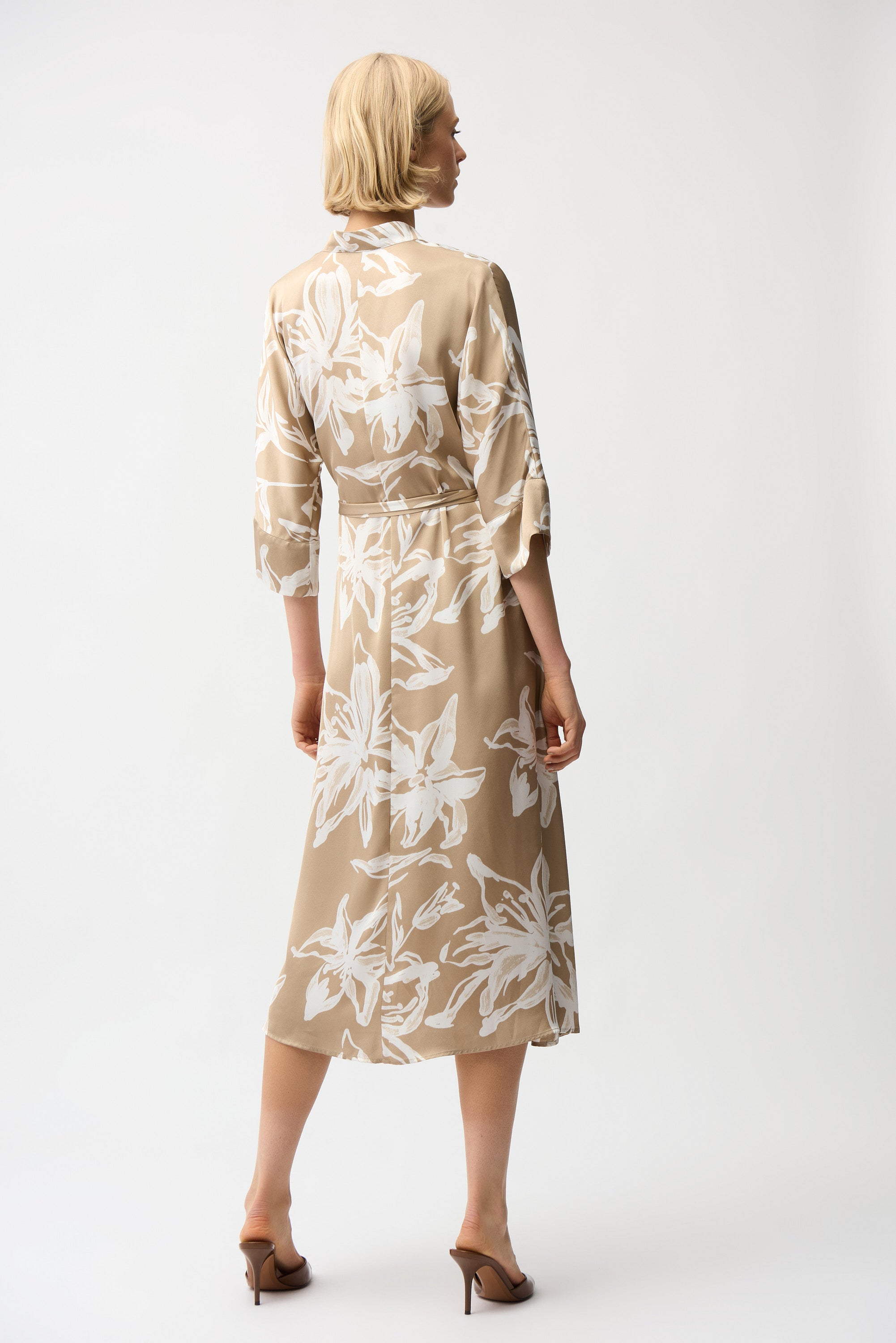 trapeze shirt dress Joseph Ribkoff Satin Floral Print Trapeze Shirt Dress With Sash Style 261296