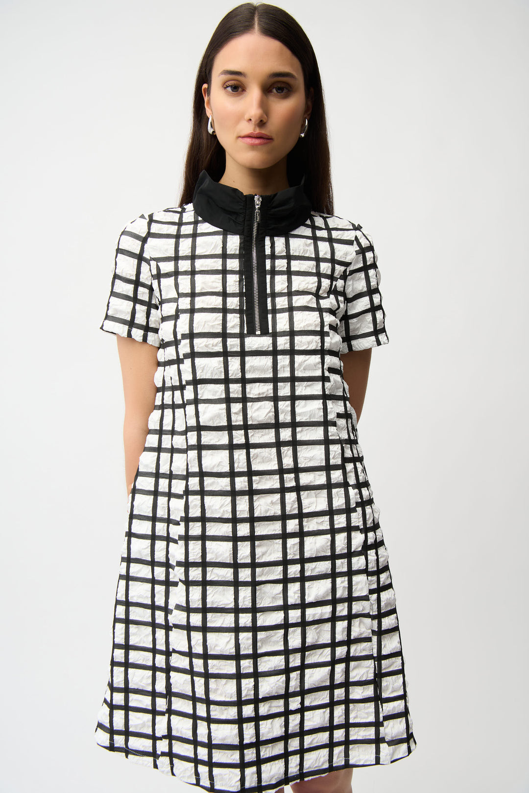 Joseph Ribkoff Jacquard Plaid Print A-line Dress With Contrast Detail Style 261307.
