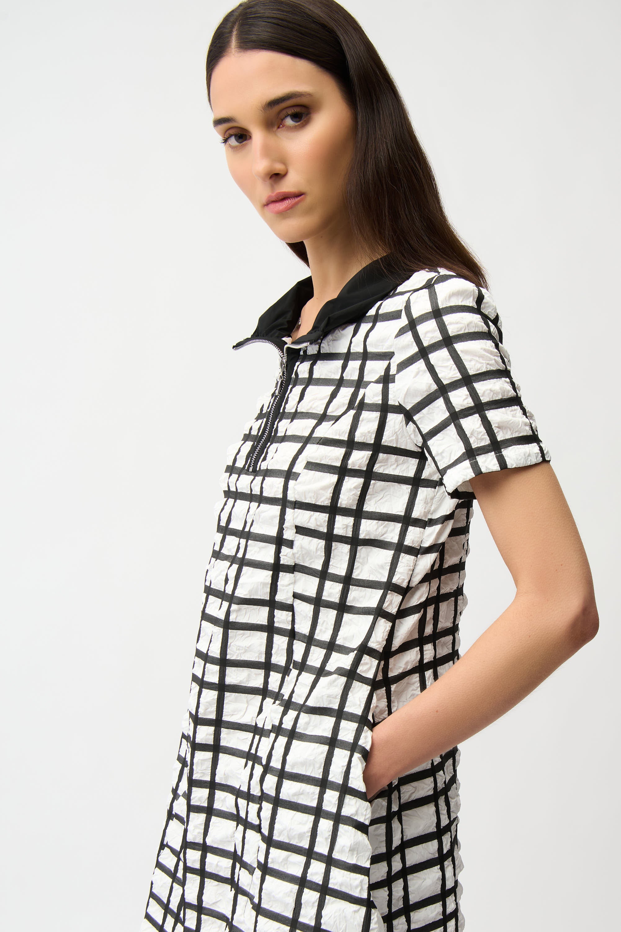 Joseph Ribkoff Plaid Print A-Line Dress with Contrast Detail Style 261307 Off-White/Black / 10 Joseph Ribkoff Plaid Print A-Line Dress with Contrast Detail Style 261307 Off-White/Black / 10