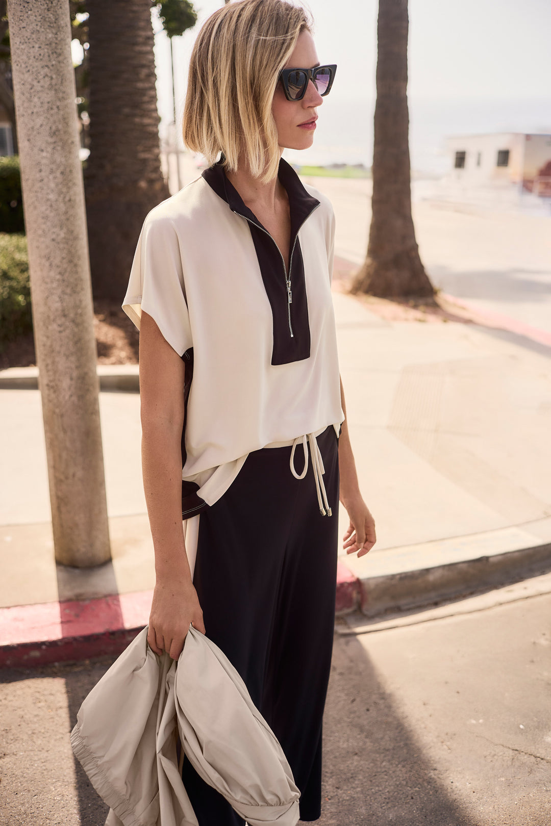 Joseph Ribkoff Silky Knit Color Block Straight Top With Zipped Collar Style 261611.