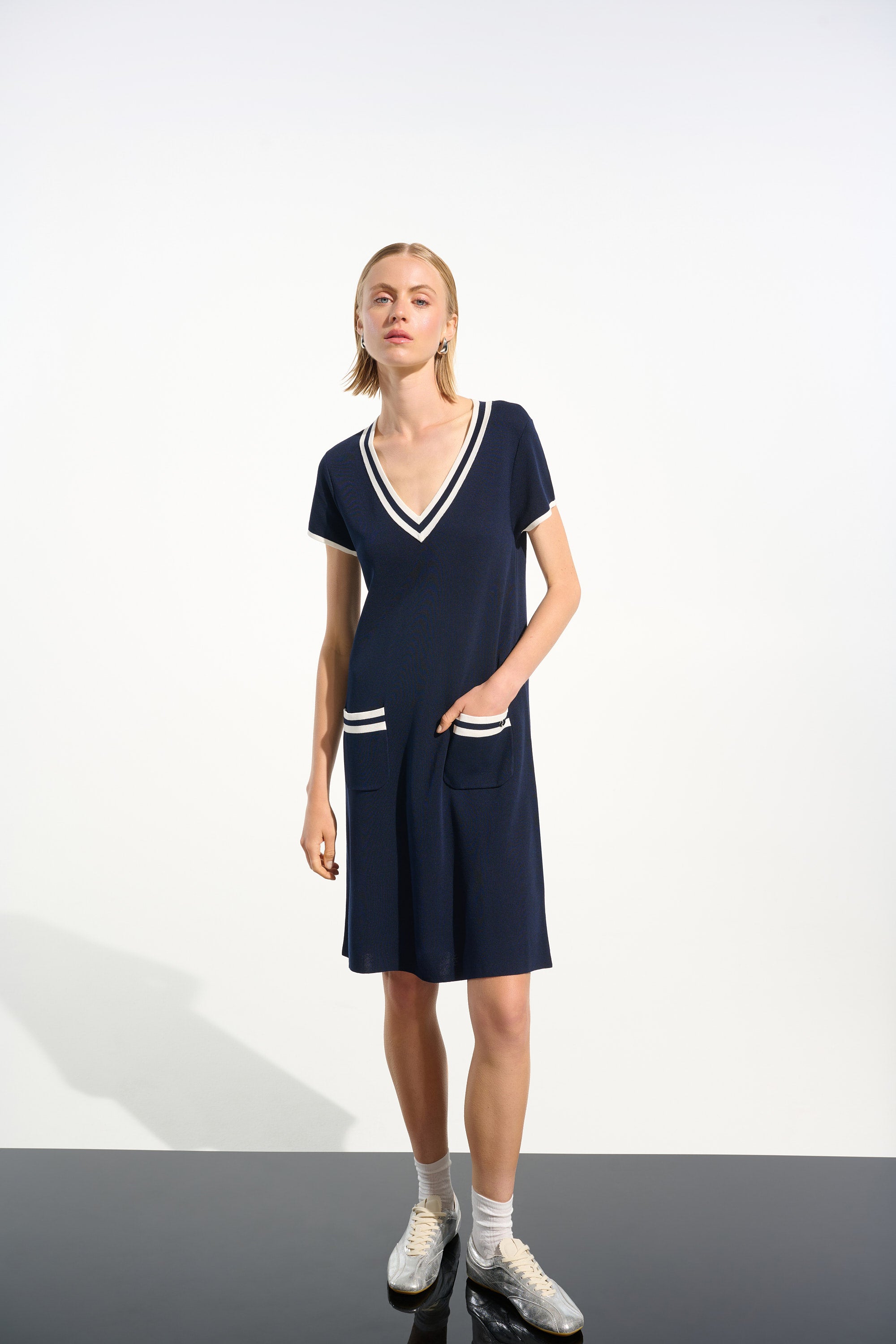 Joseph Ribkoff Viscose Knit A-Line Dress With Rib Trim 261648 Joseph Ribkoff Viscose Knit A-Line Dress With Rib Trim 261648