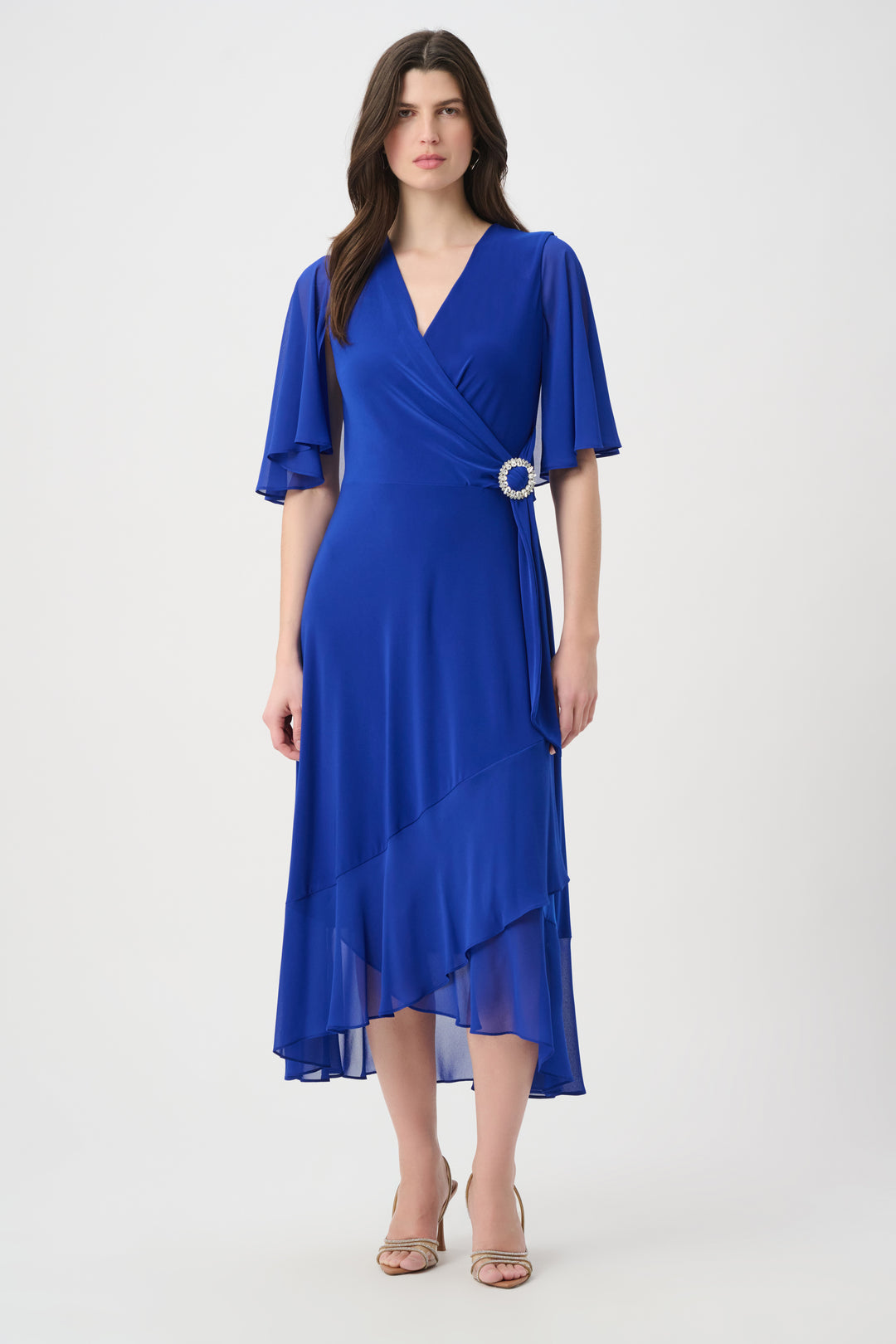 Joseph Ribkoff Flowy Wrap Dress With Buckle Rhinestones Detail Style 261714 Sky Blue / 22 Joseph Ribkoff Flowy Wrap Dress With Buckle Rhinestones Detail Style 261714 Sky Blue / 22