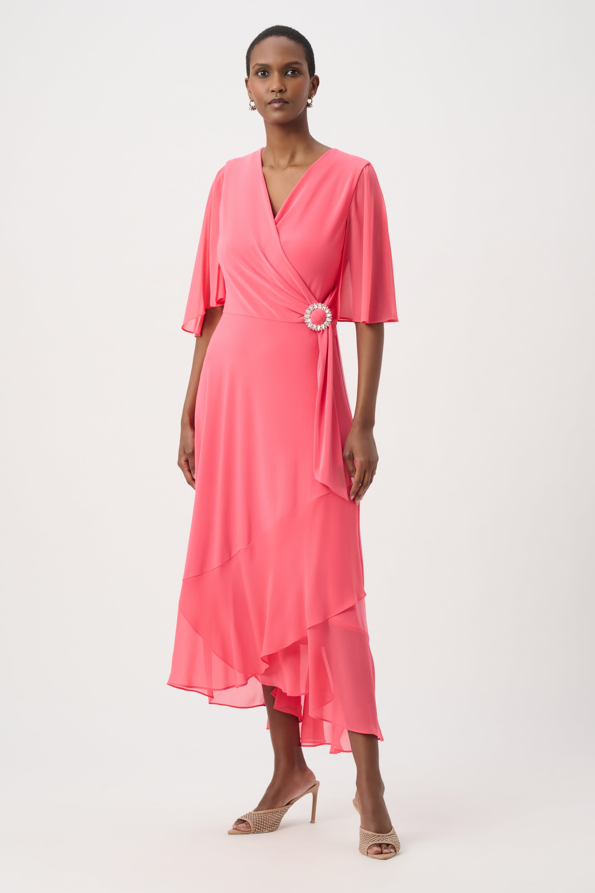 Joseph Ribkoff Flowy Wrap Dress With Buckle Rhinestones Detail Style 261714 Sky Blue / 22 Joseph Ribkoff Flowy Wrap Dress With Buckle Rhinestones Detail Style 261714 Sky Blue / 22