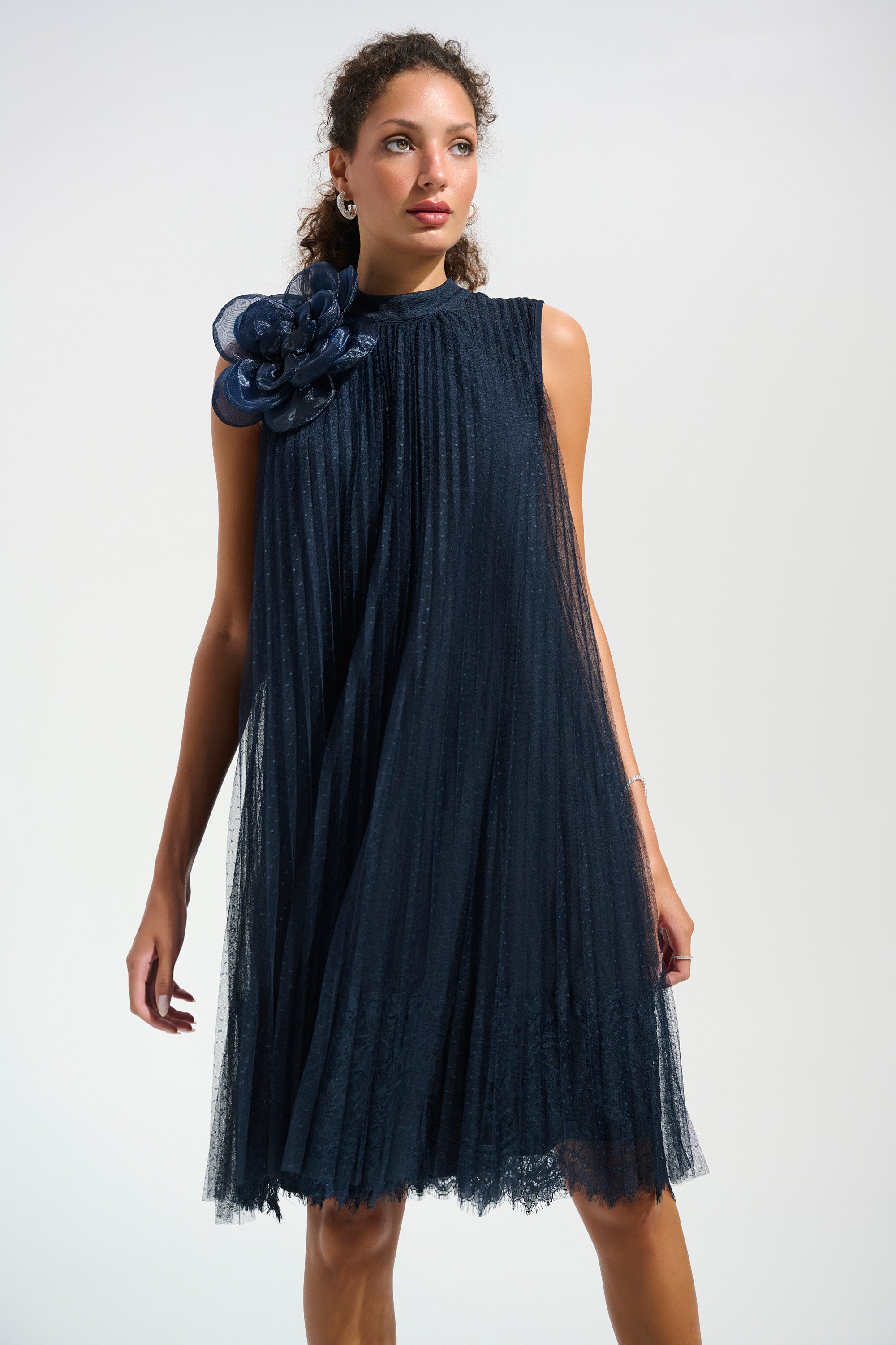 Joseph Ribkoff Mesh And Lace A-Line Dress With Organza Flower Detail Style 261737 Joseph Ribkoff Mesh And Lace A-Line Dress With Organza Flower Detail Style 261737