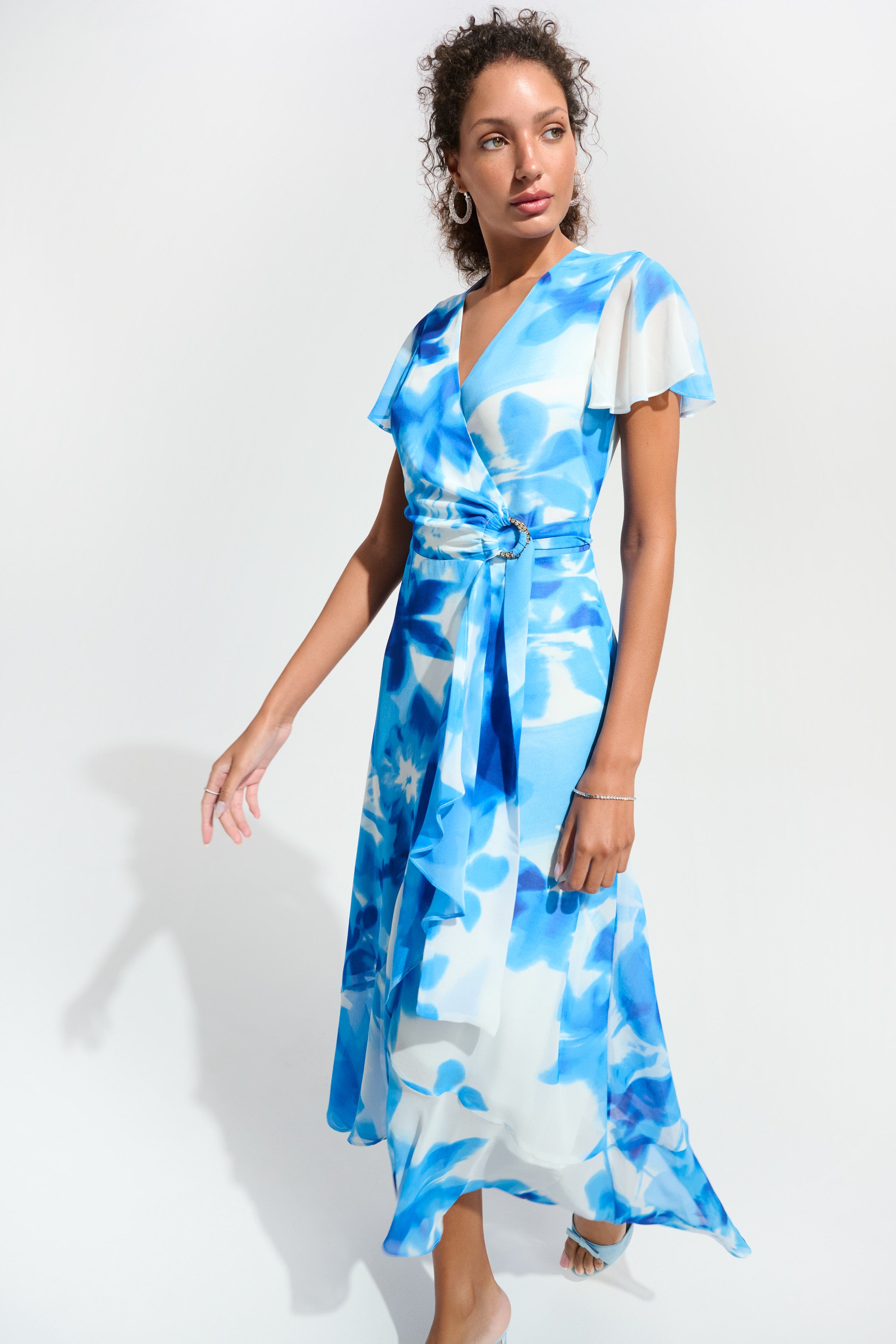 Joseph Ribkoff Wrap Dress With Ruffle Detail Style 261739 Vanilla/Blue / 14