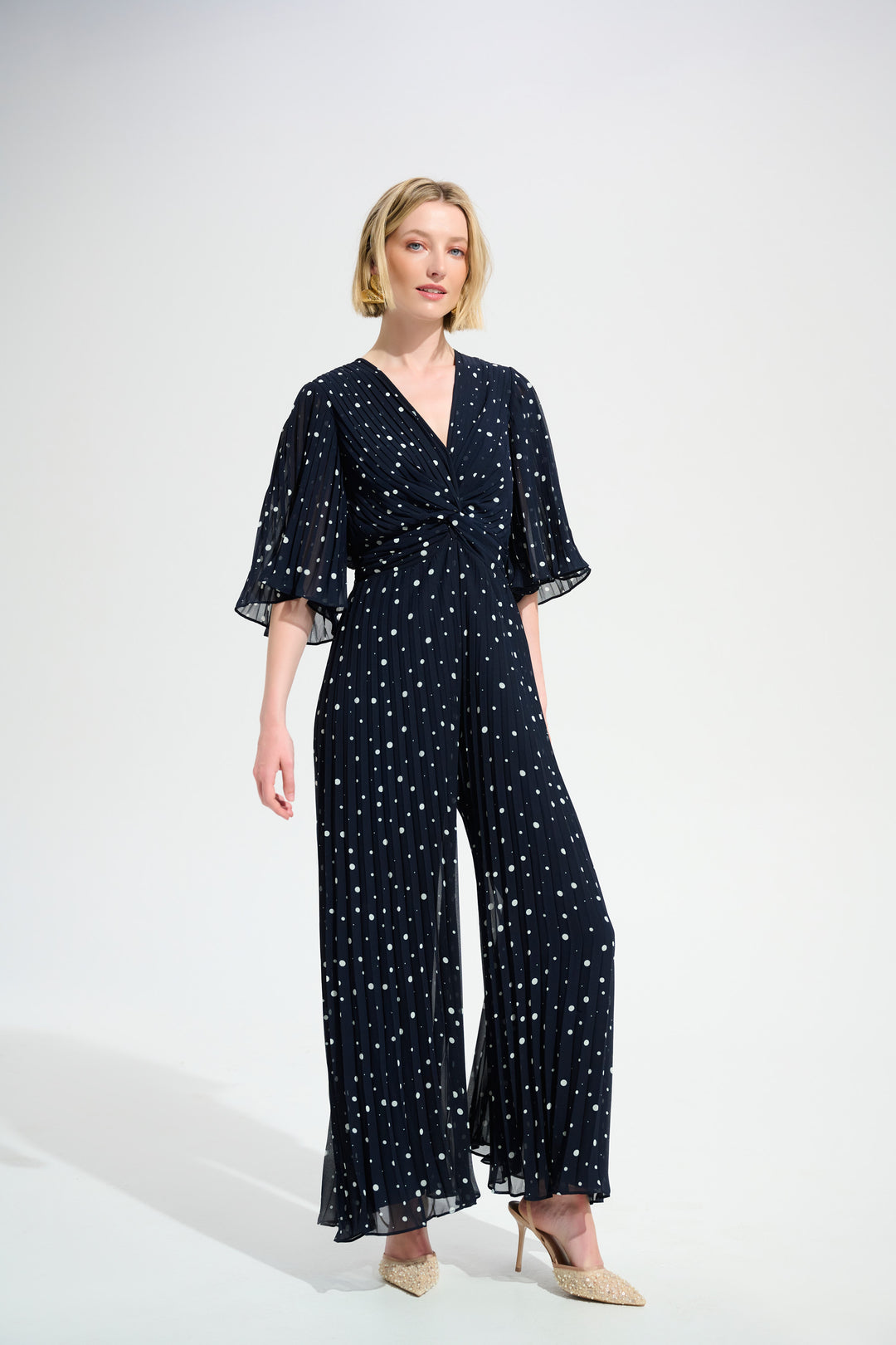 Joseph Ribkoff Pleated Chiffon Dot Print Wide Leg Jumpsuit With Knot Detail Style 261756