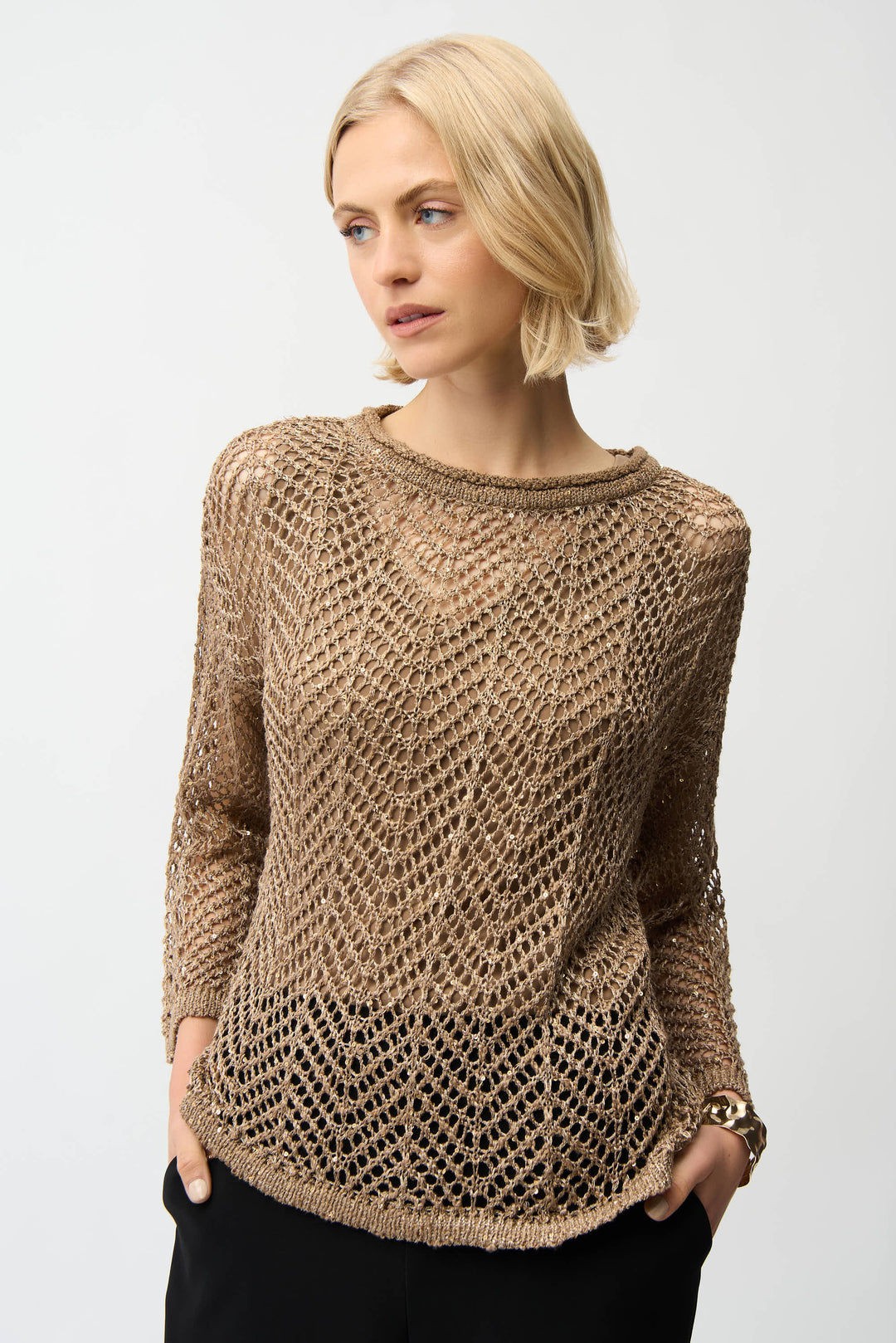 Joseph Ribkoff Sequins Yarn Chevron Print Long Sleeve Sweater Style 261915