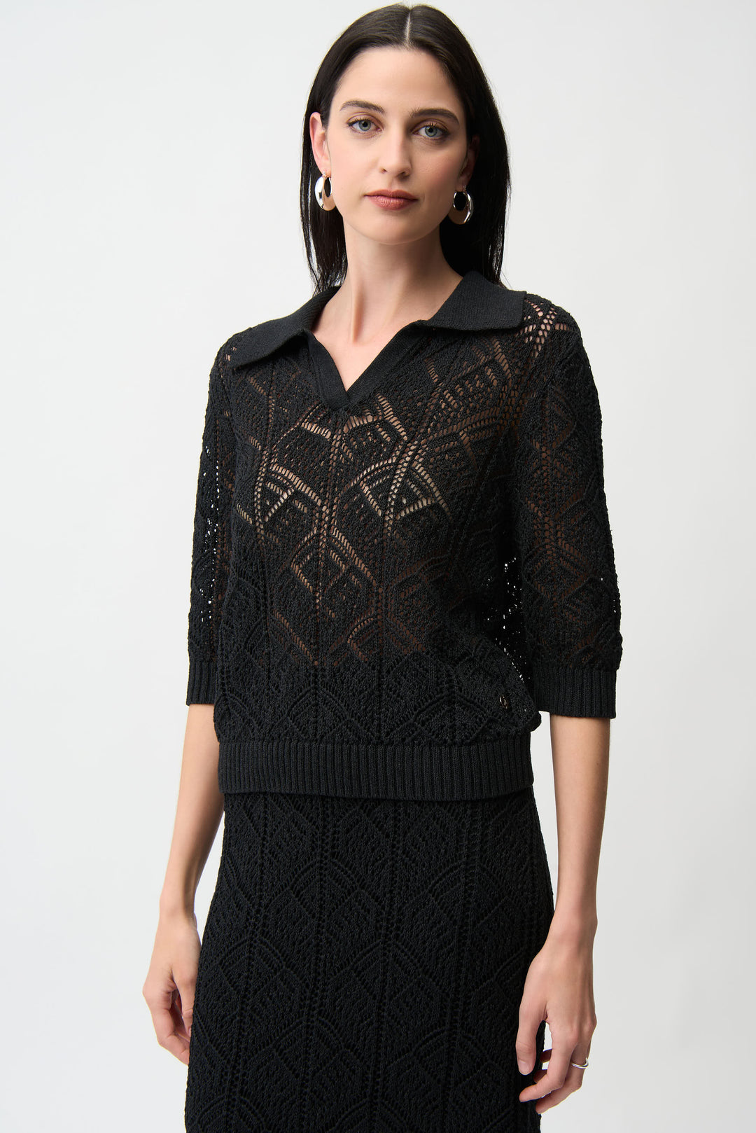 Joseph Ribkoff Cotton Blend Open Stitch Sweater with Polo Collar Style 261929.