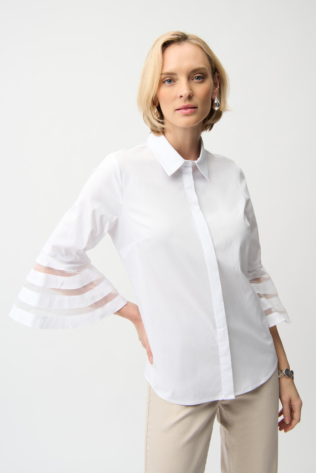 Joseph Ribkoff Stretch Poplin Straight Blouse with Organza Bell Sleeves Style 251933.