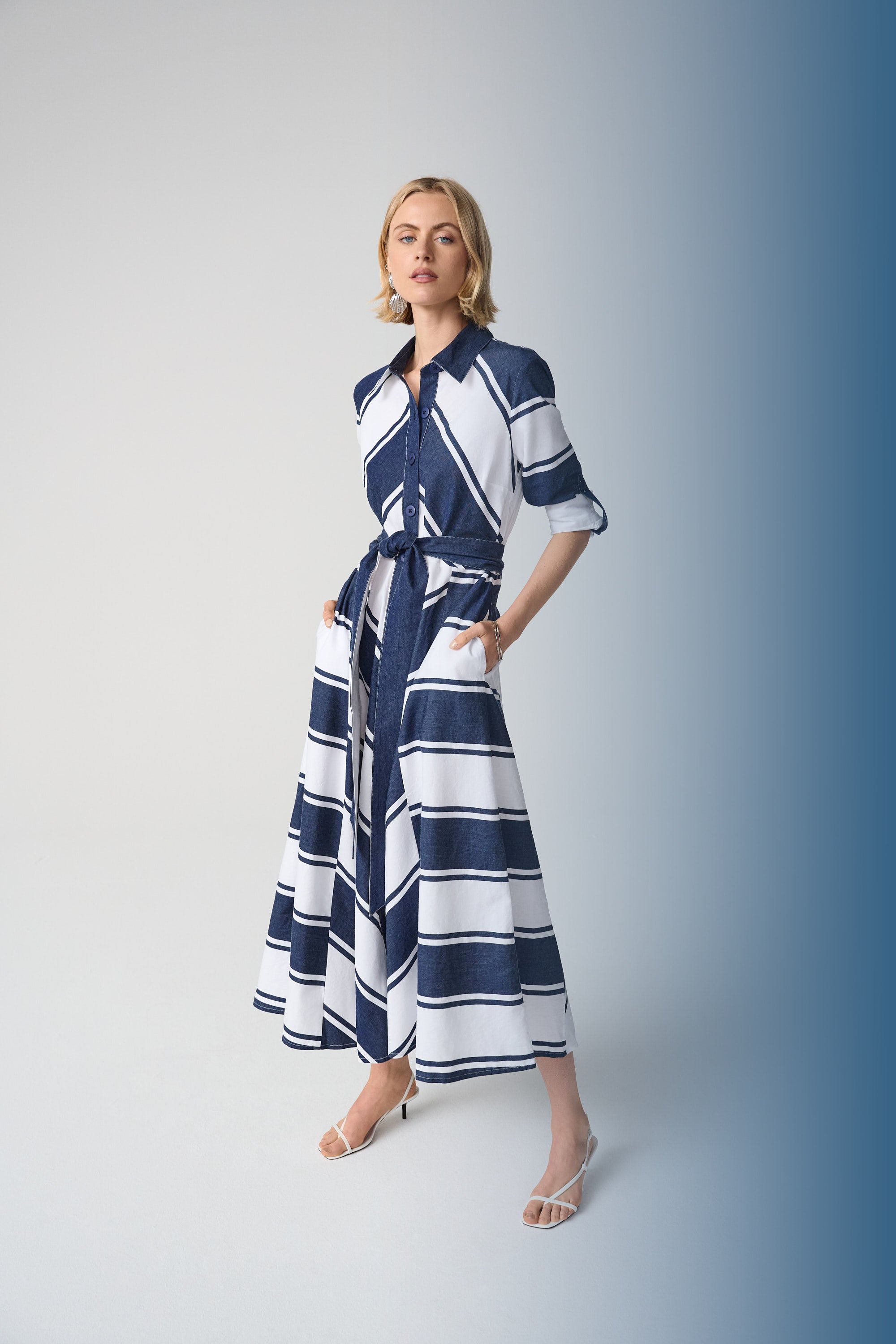 Joseph Ribkoff Stripe Print Fit & Flare Dress with Sash Style 261936 Navy/White / XL Joseph Ribkoff Stripe Print Fit & Flare Dress with Sash Style 261936 Navy/White / XL