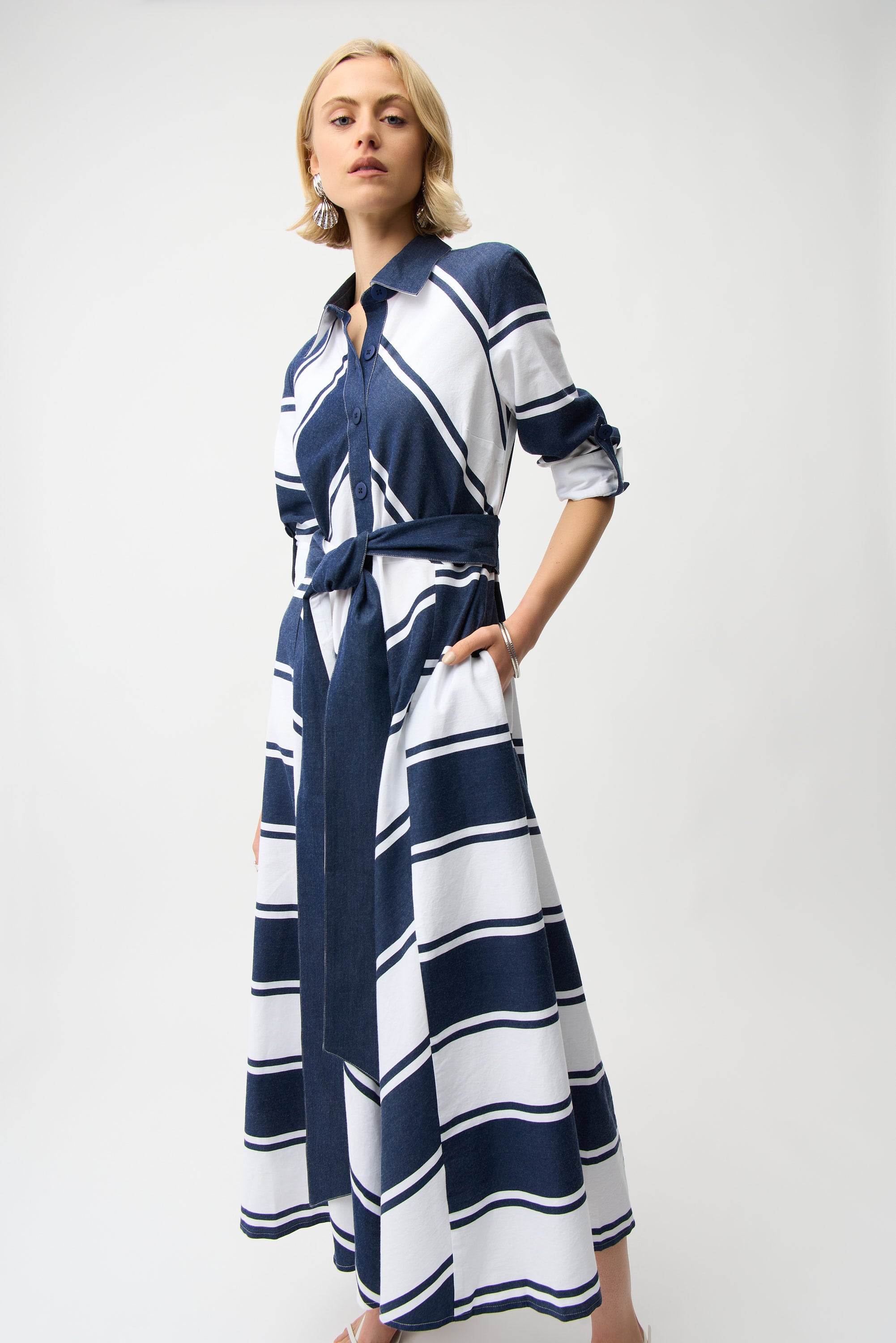 Joseph Ribkoff Stripe Print Fit & Flare Dress with Sash Style 261936 DECABANA Joseph Ribkoff Stripe Print Fit & Flare Dress with Sash Style 261936 DECABANA