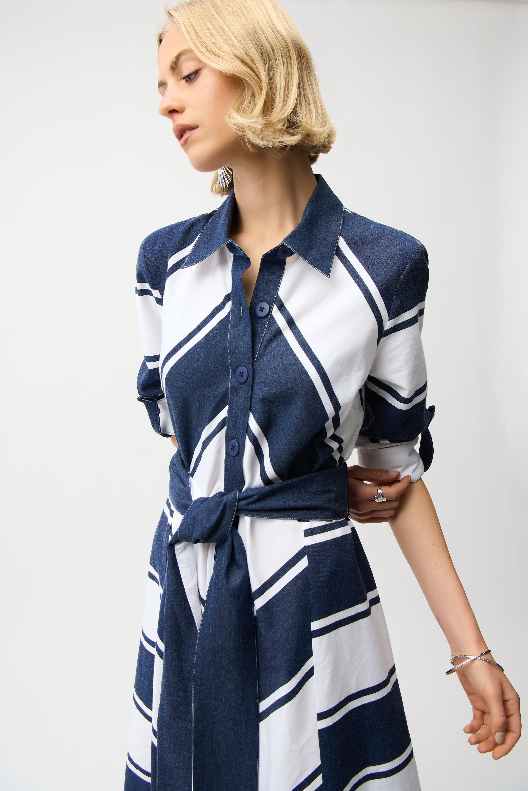 Joseph Ribkoff Stripe Print Fit & Flare Dress with Sash Style 261936 Navy/White / XL Joseph Ribkoff Stripe Print Fit & Flare Dress with Sash Style 261936 Navy/White / XL